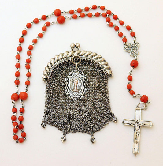 Vintage Sardinian Coral & Sterling Catholic Rosary w Reliquary Cross in Sterling Mesh Purse - all Art Nouveau