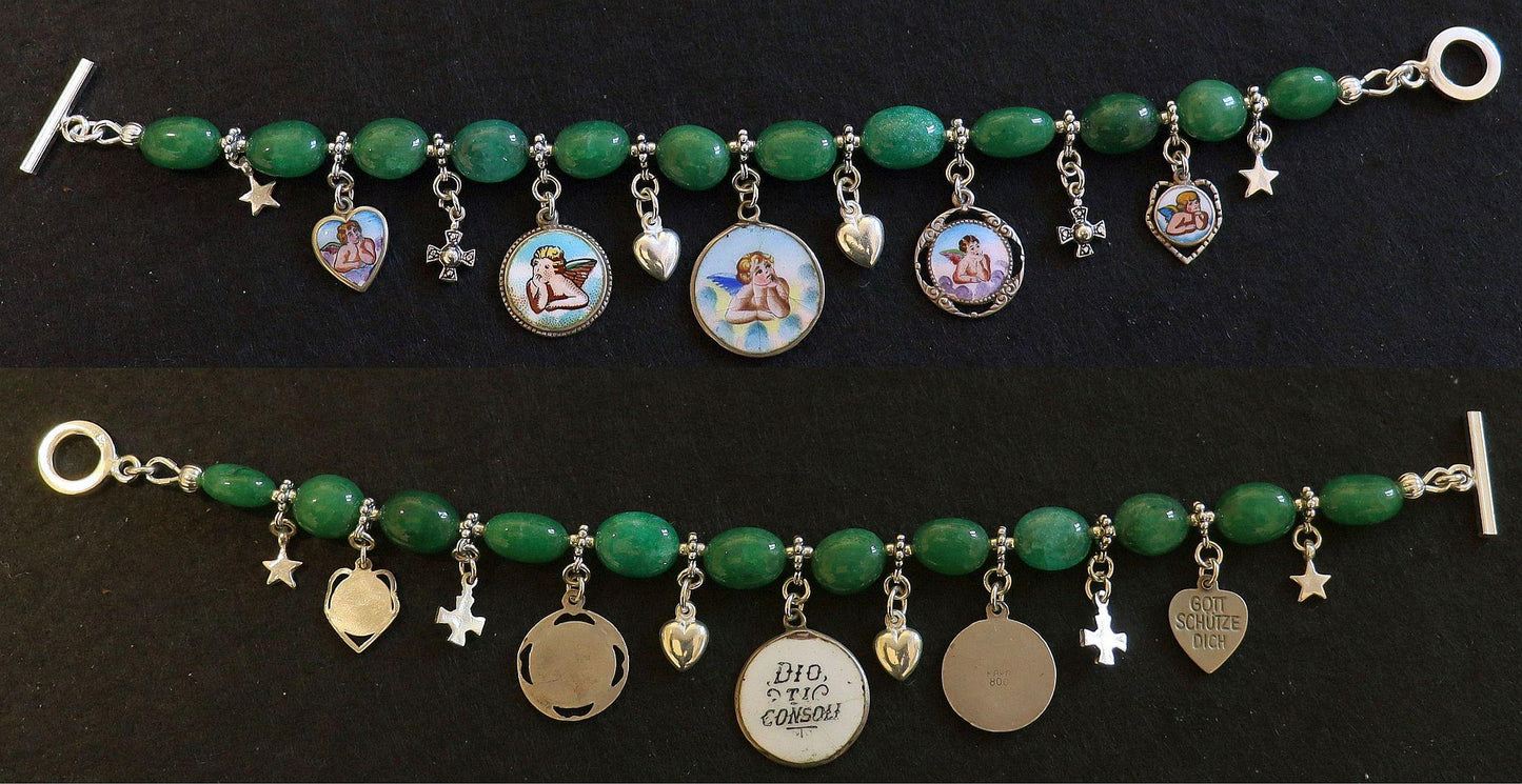 Emerald & Sterling Silver Bracelet, Vintage Enameled Raphael's Cherub Angel Medals, Unique Religious Bracelet, Perfect Gift for her