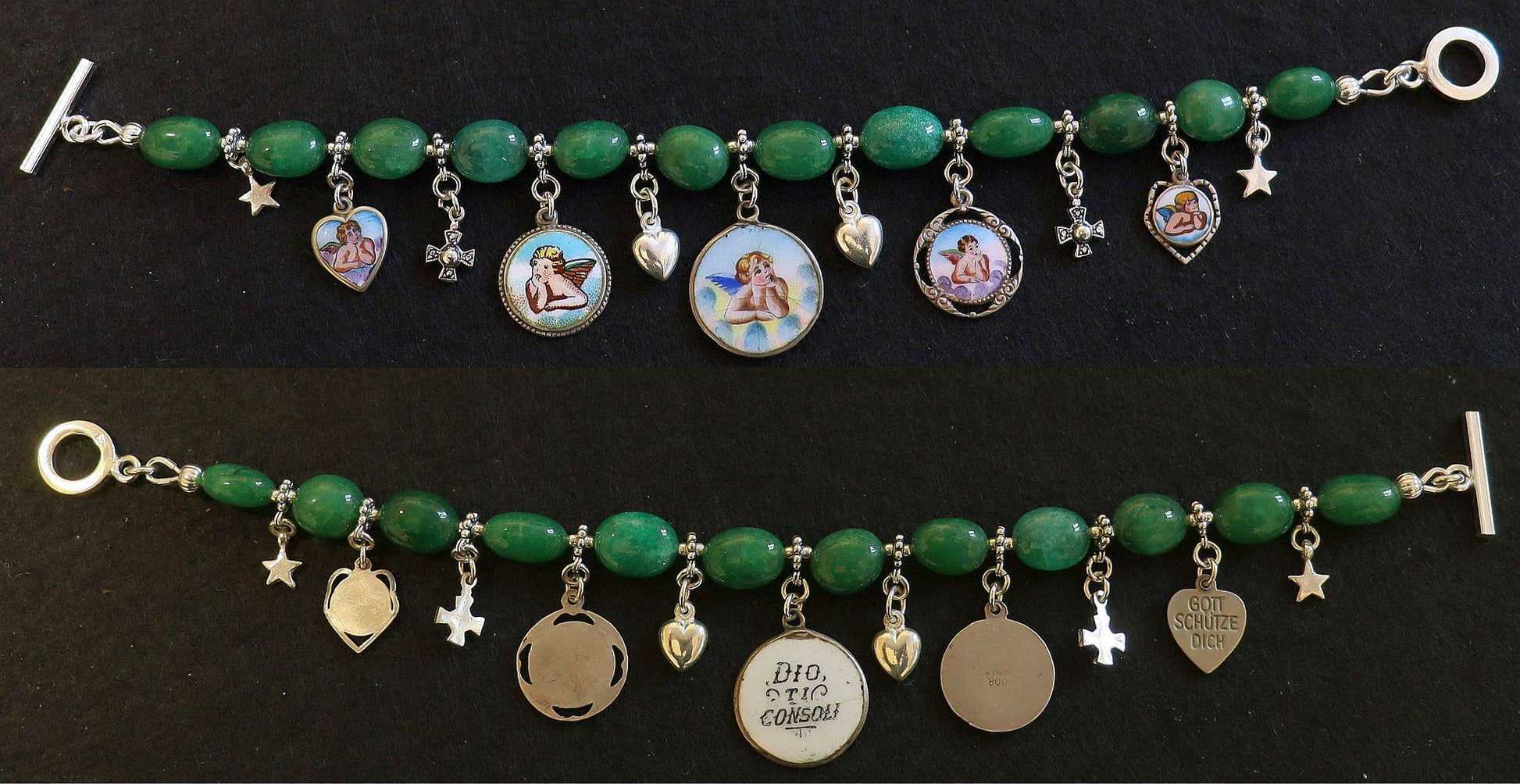 Emerald & Sterling Silver Bracelet, Vintage Enameled Raphael's Cherub Angel Medals, Unique Religious Bracelet, Perfect Gift for her