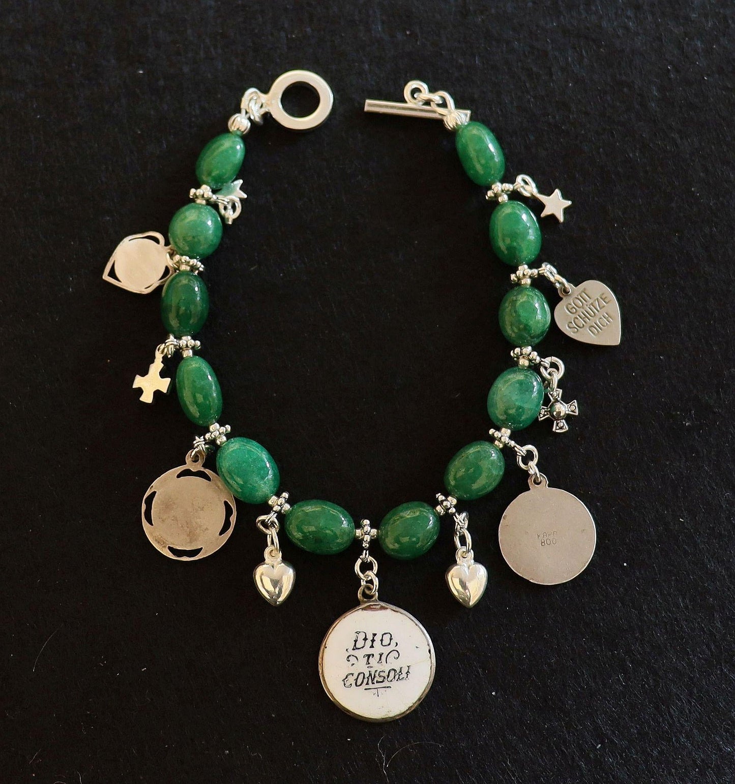 Emerald & Sterling Silver Bracelet, Vintage Enameled Raphael's Cherub Angel Medals, Unique Religious Bracelet, Perfect Gift for her