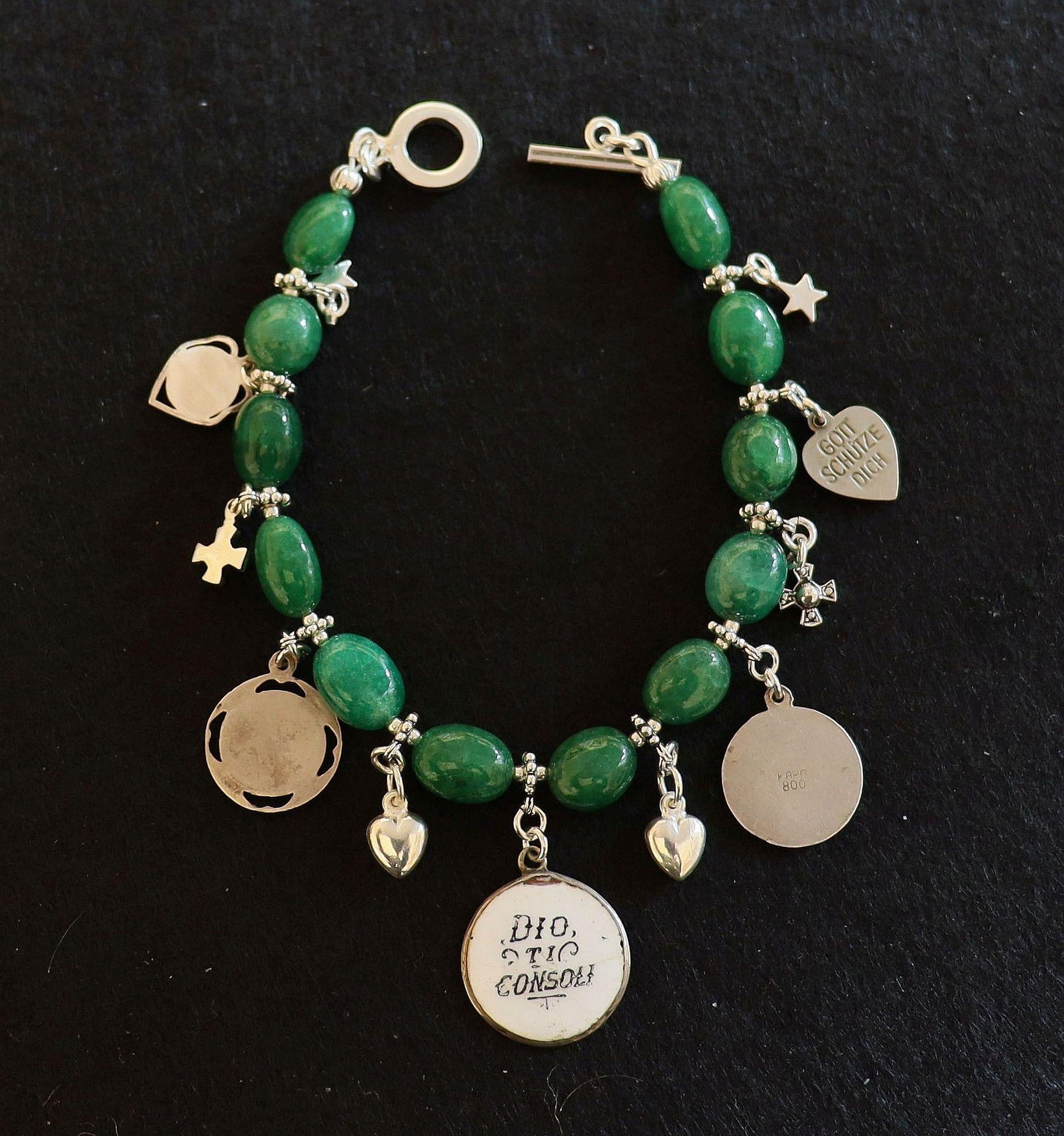 Emerald & Sterling Silver Bracelet, Vintage Enameled Raphael's Cherub Angel Medals, Unique Religious Bracelet, Perfect Gift for her