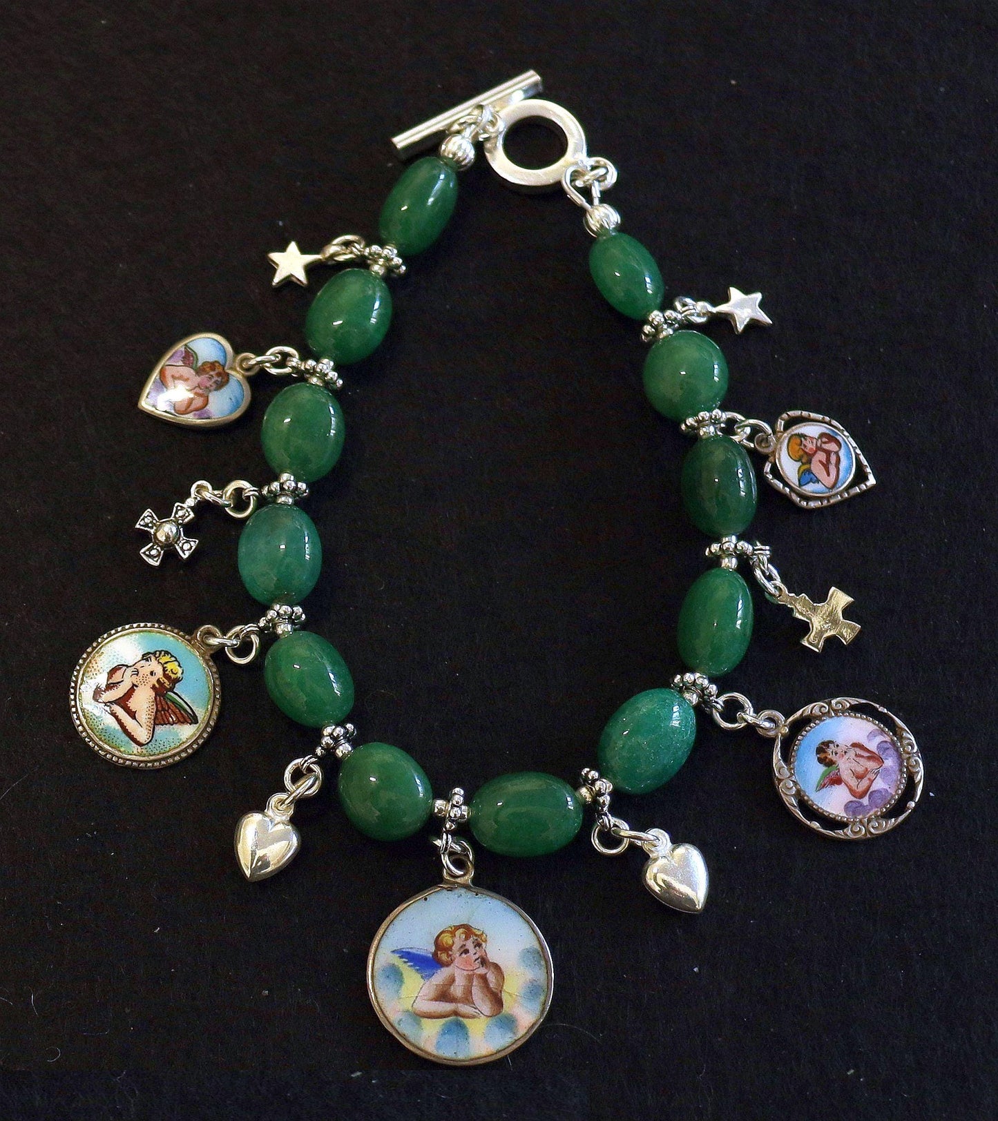 Emerald & Sterling Silver Bracelet, Vintage Enameled Raphael's Cherub Angel Medals, Unique Religious Bracelet, Perfect Gift for her