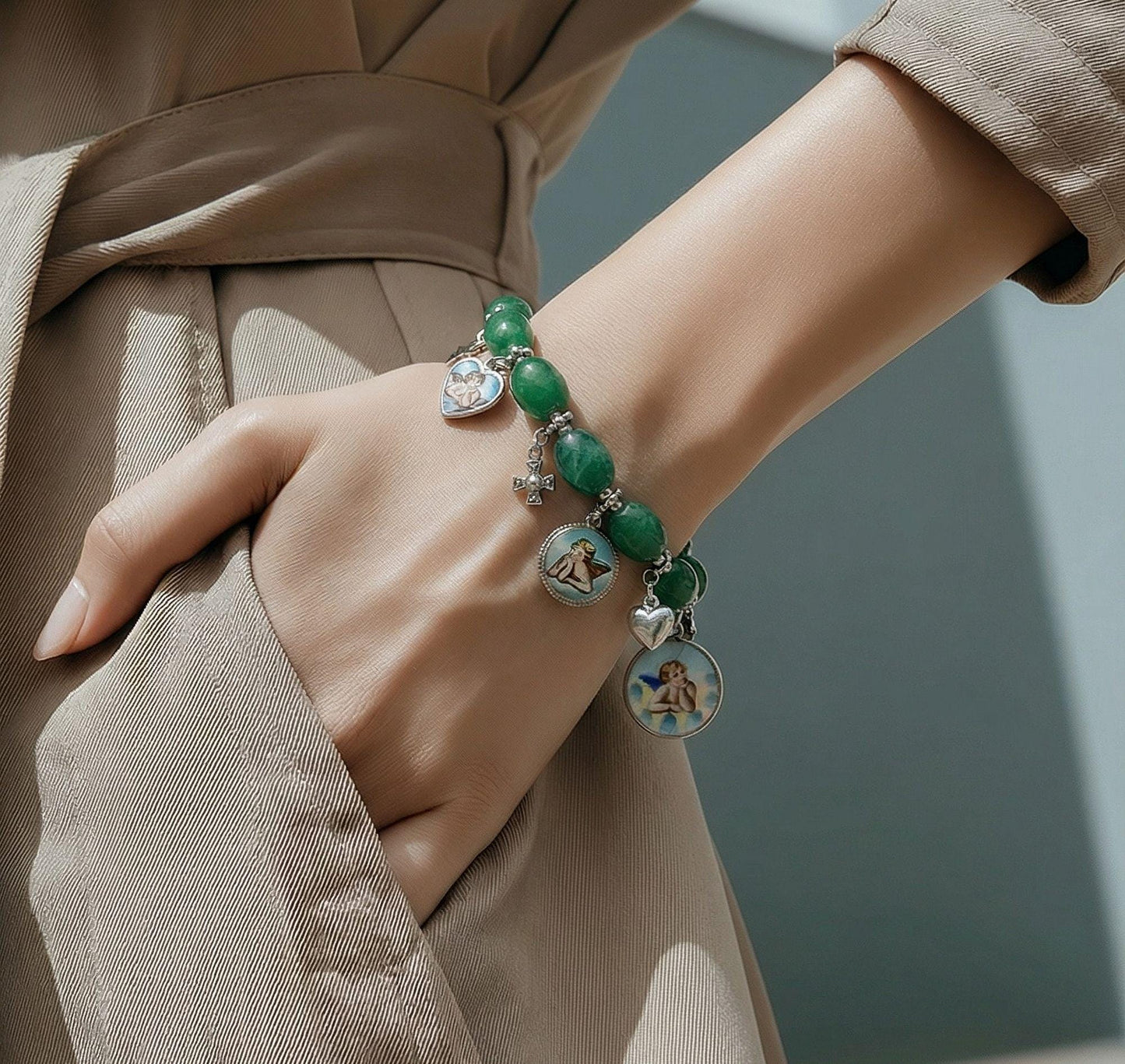 Emerald & Sterling Silver Bracelet, Vintage Enameled Raphael's Cherub Angel Medals, Unique Religious Bracelet, Perfect Gift for her