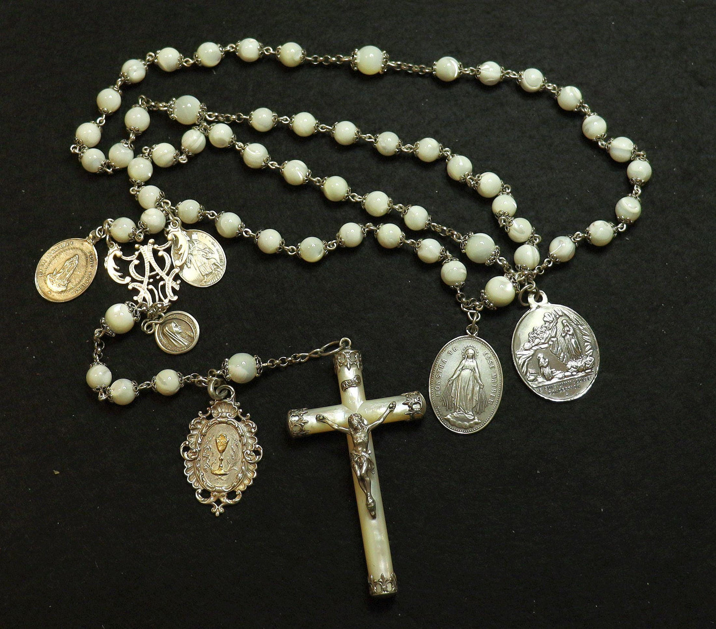 Antique MOP & Sterling Silver Highly Exceptional Catholic Rosary w Many Rare Antique Medals