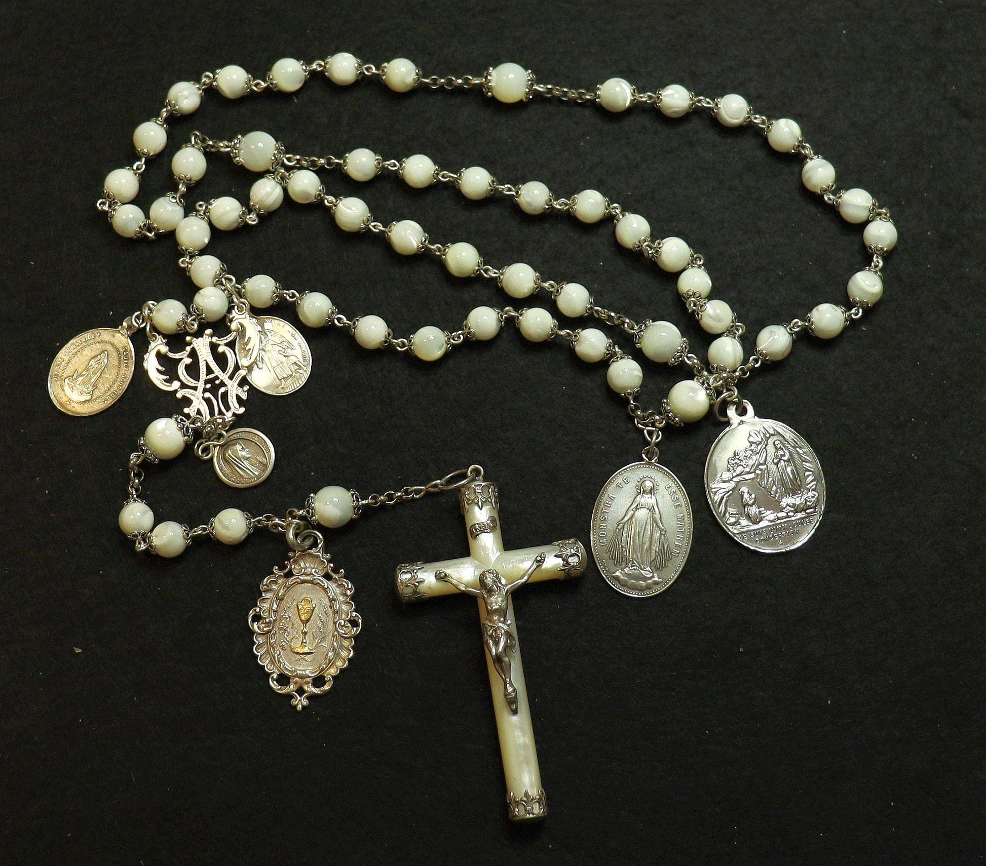 Antique MOP & Sterling Silver Highly Exceptional Catholic Rosary w Many Rare Antique Medals