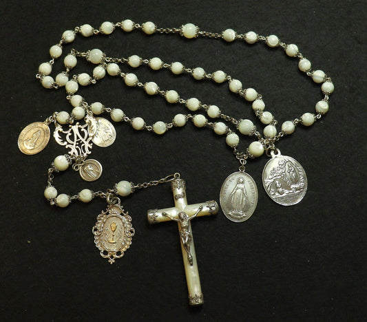 Antique MOP & Sterling Silver Highly Exceptional Catholic Rosary w Many Rare Antique Medals