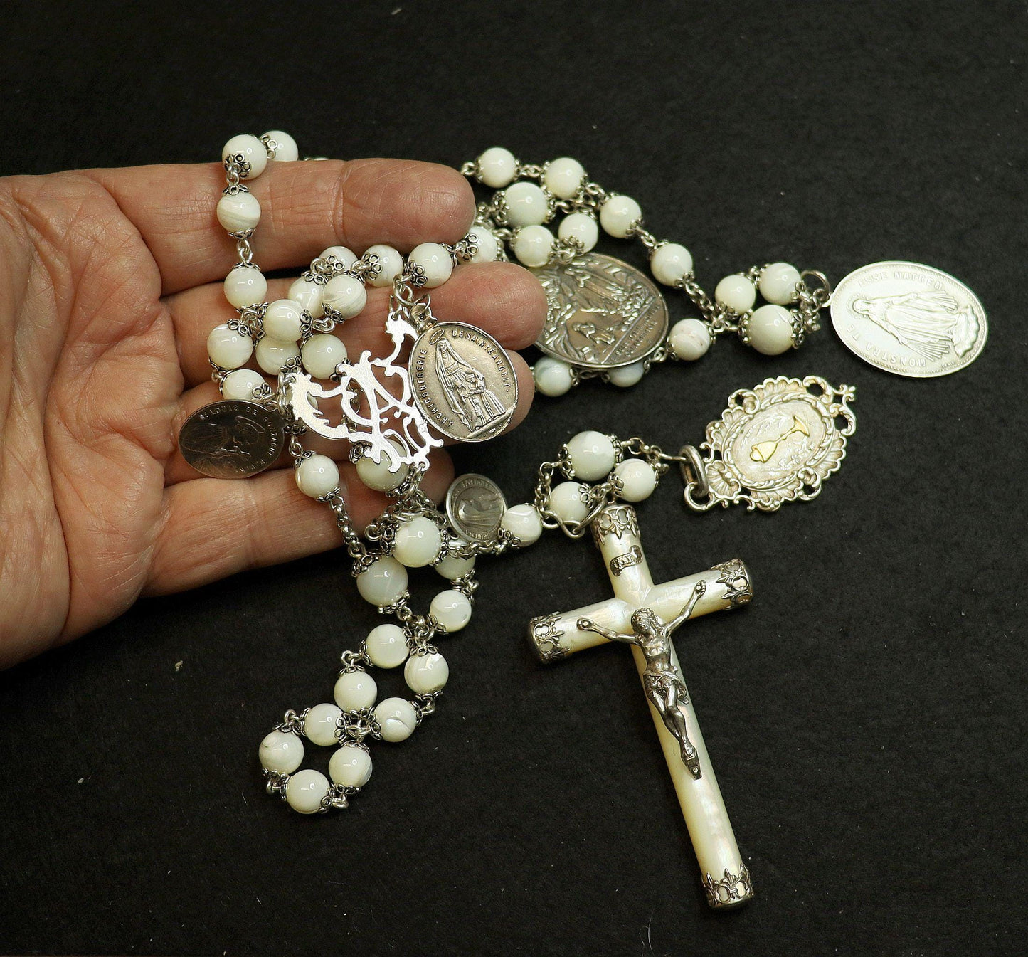 Antique MOP & Sterling Silver Highly Exceptional Catholic Rosary w Many Rare Antique Medals