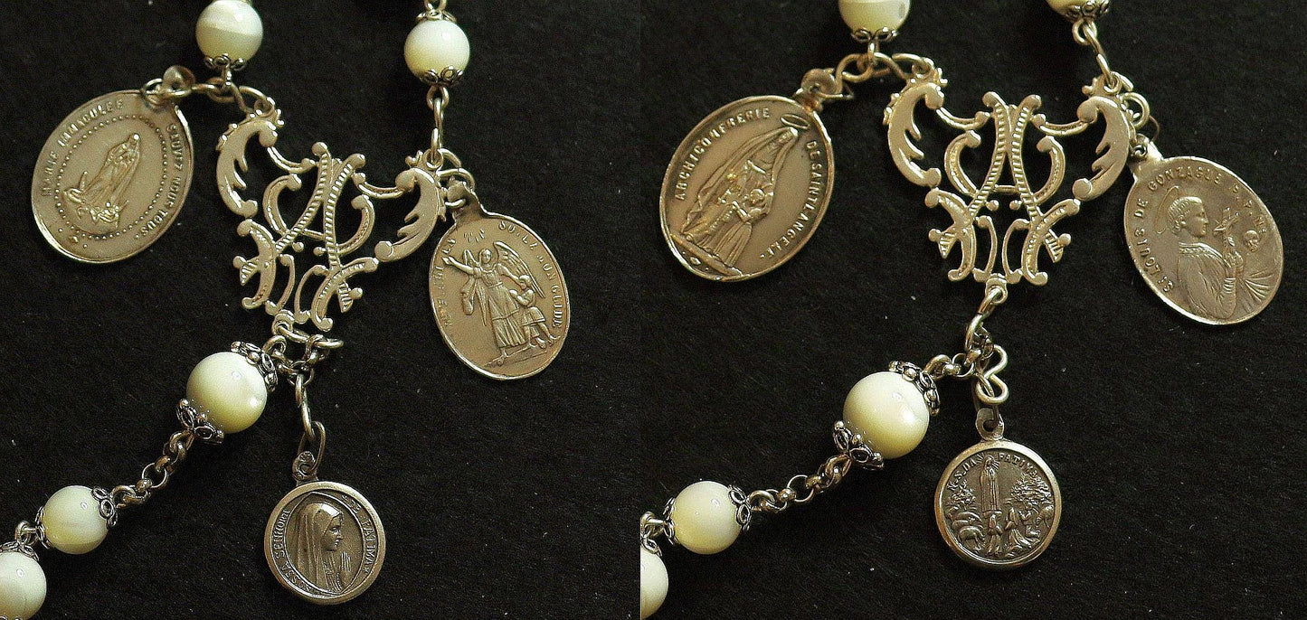 Antique MOP & Sterling Silver Highly Exceptional Catholic Rosary w Many Rare Antique Medals
