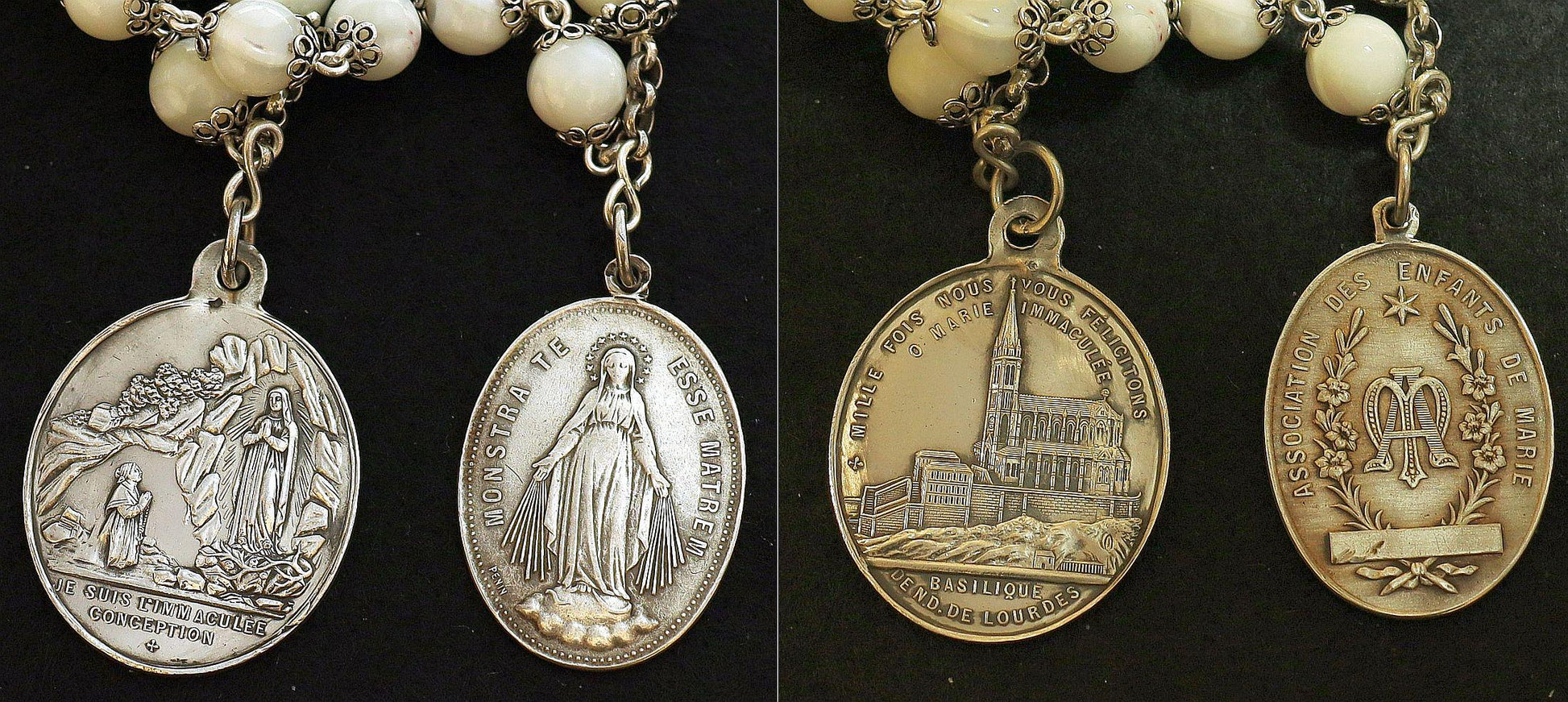Antique MOP & Sterling Silver Highly Exceptional Catholic Rosary w Many Rare Antique Medals