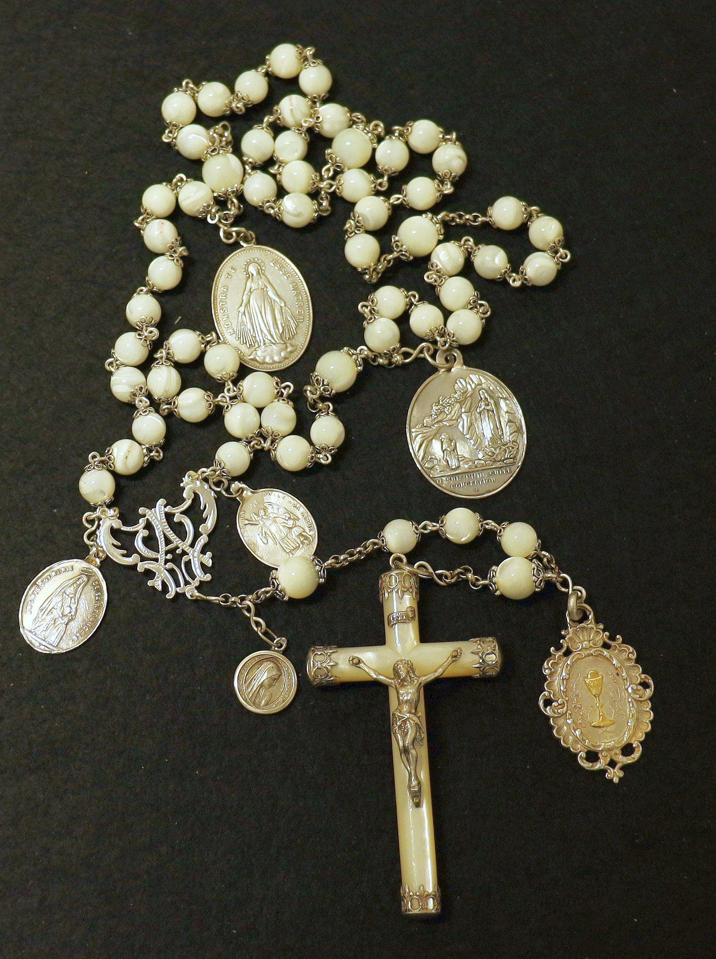 Antique MOP & Sterling Silver Highly Exceptional Catholic Rosary w Many Rare Antique Medals