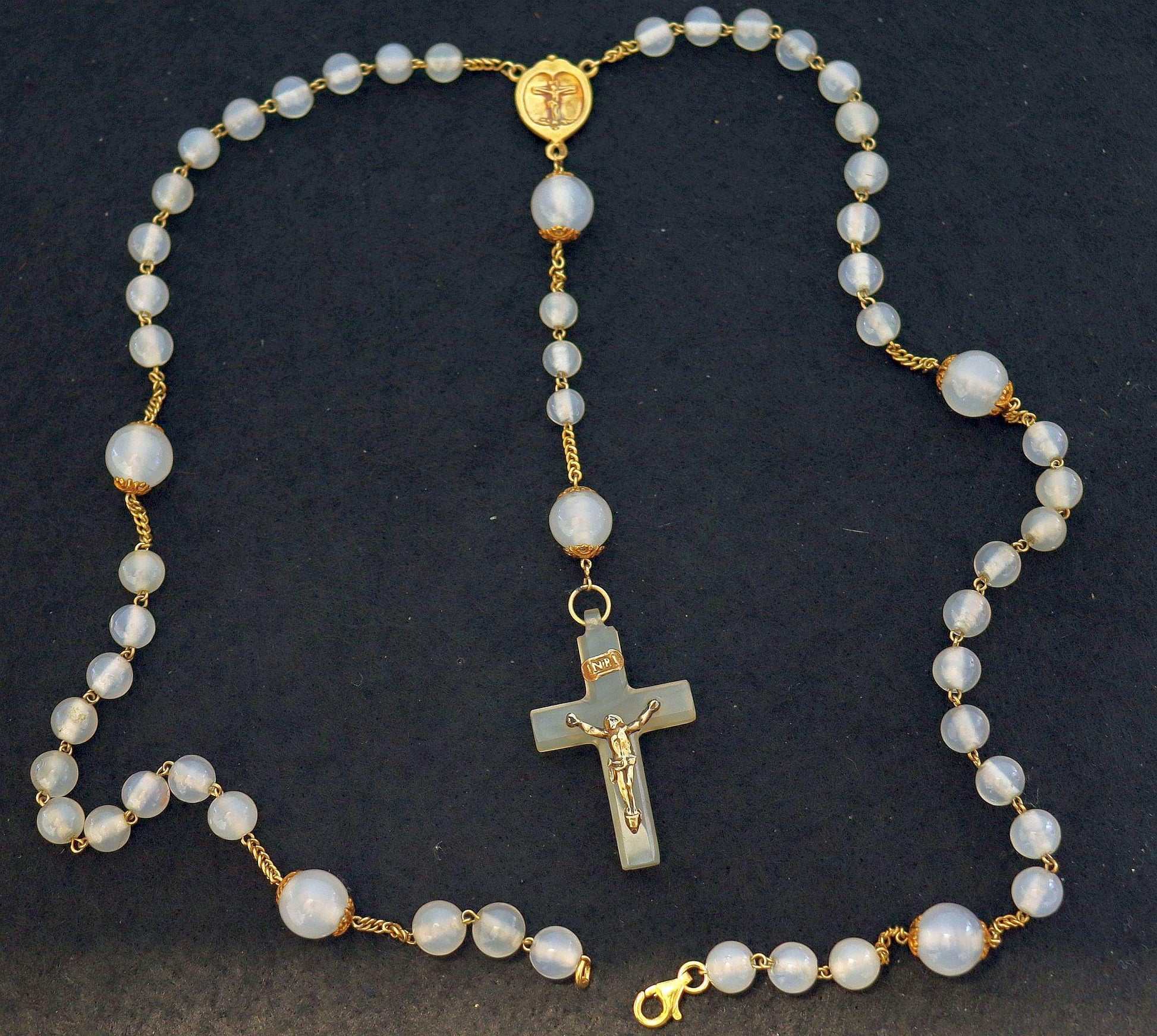 Rosary Necklace in 18K Solid Gold & Moonstone Beads- 1930's - unique