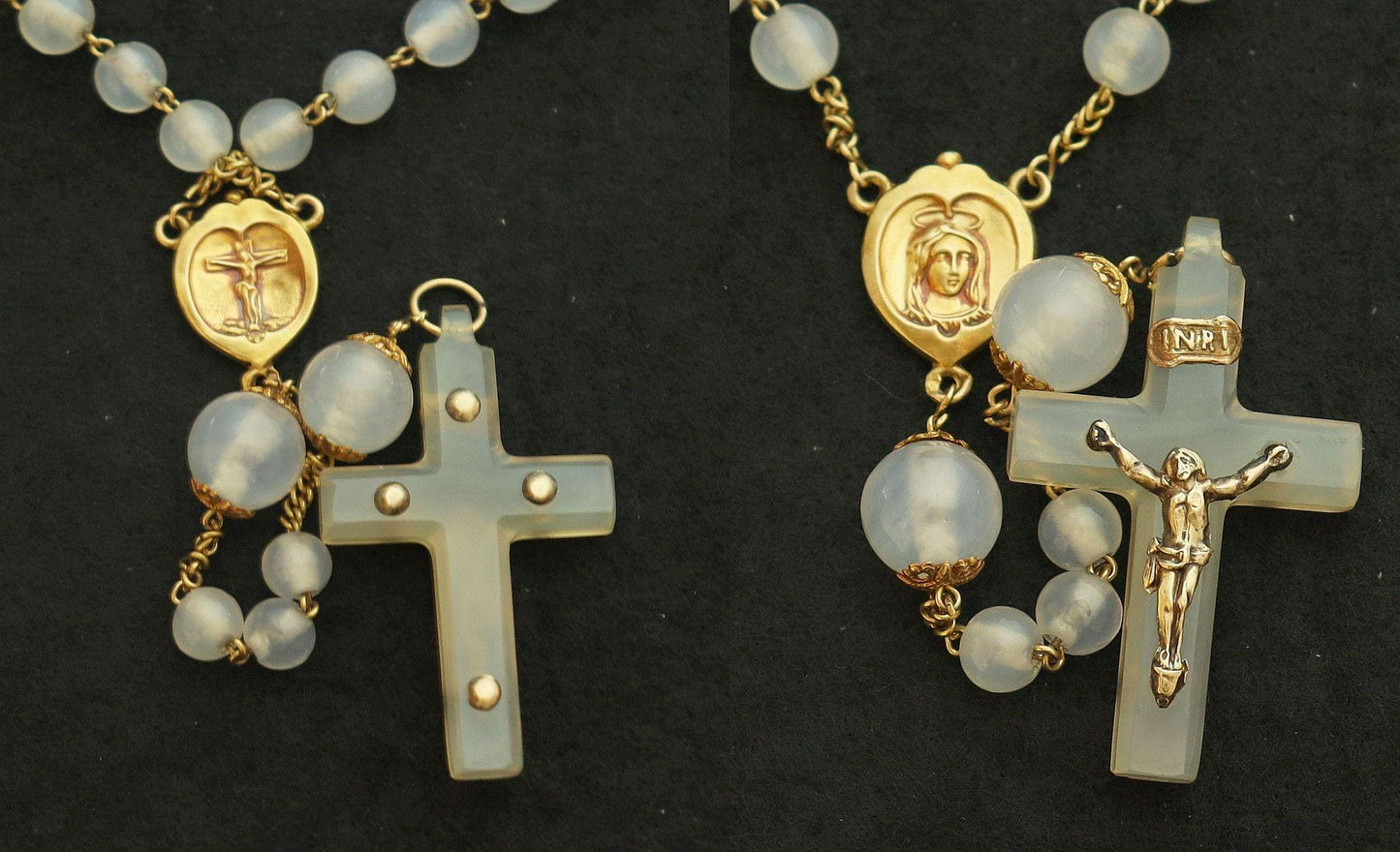 Rosary Necklace in 18K Solid Gold & Moonstone Beads- 1930's - unique