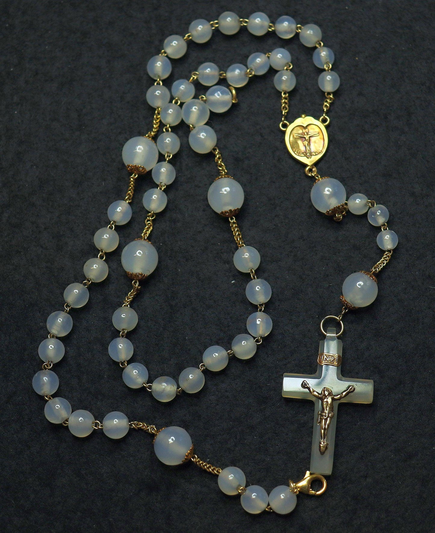 Rosary Necklace in 18K Solid Gold & Moonstone Beads- 1930's - unique