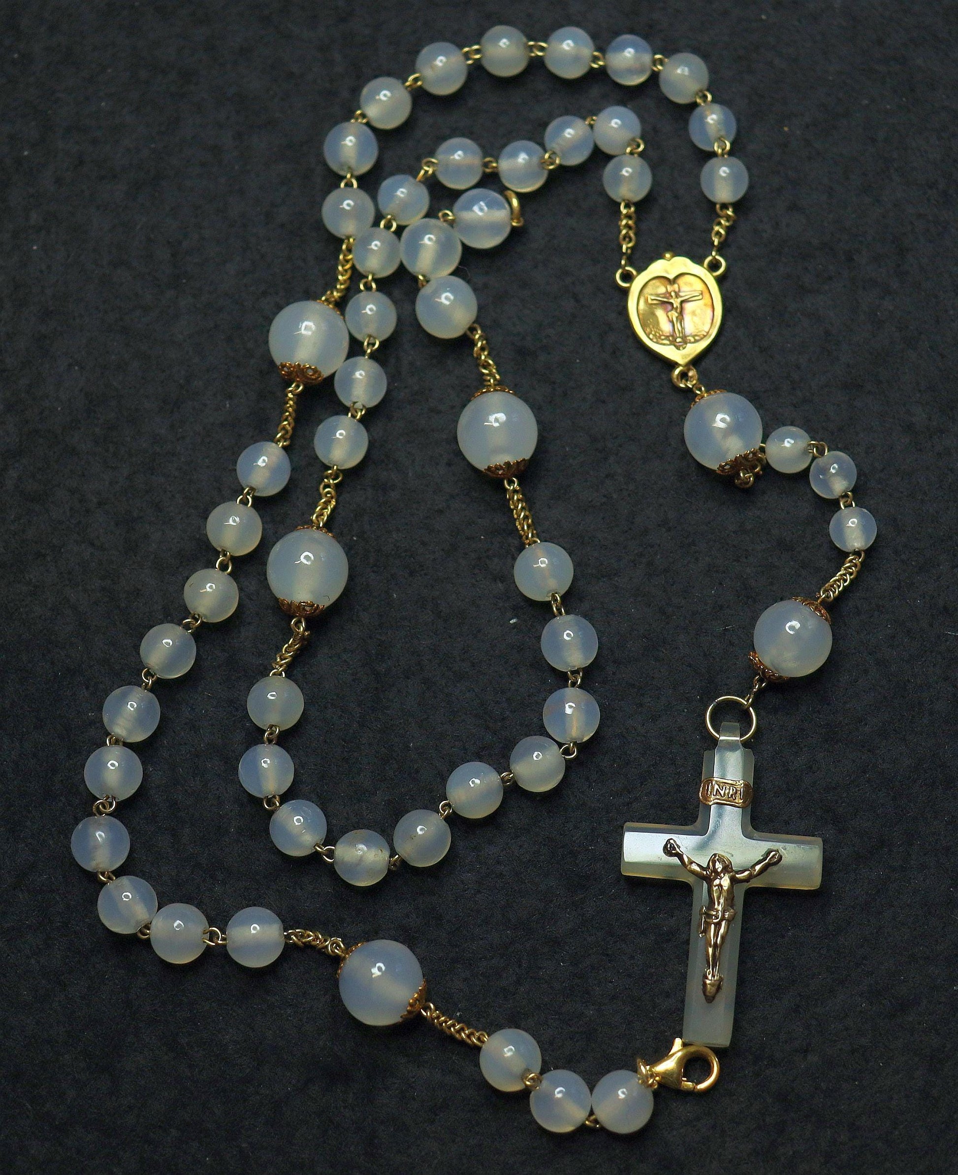 Rosary Necklace in 18K Solid Gold & Moonstone Beads- 1930's - unique