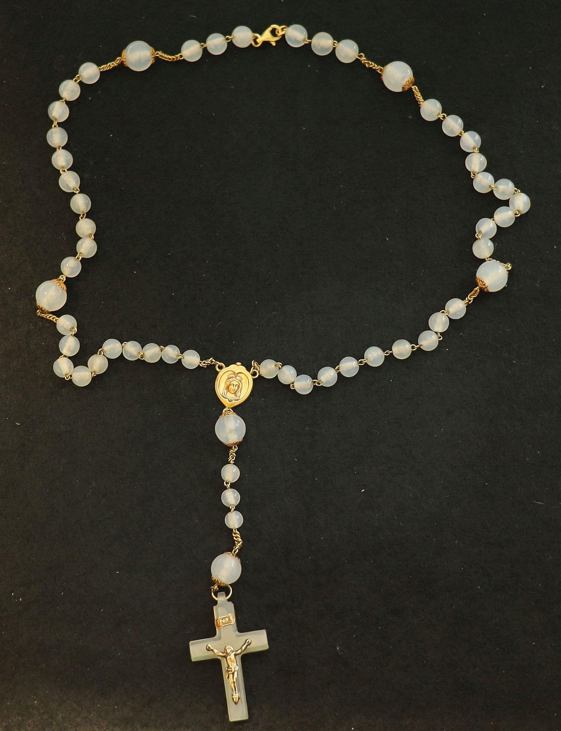 Rosary Necklace in 18K Solid Gold & Moonstone Beads- 1930's - unique