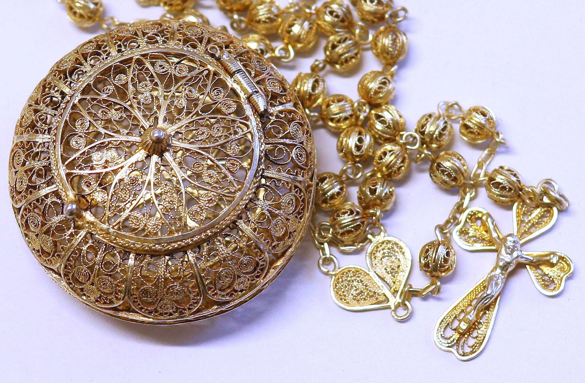 Vintage Rare Catholic Rosary and Box Set in Filigree Vermeil - Sterling Silver 24K. Gold Plated