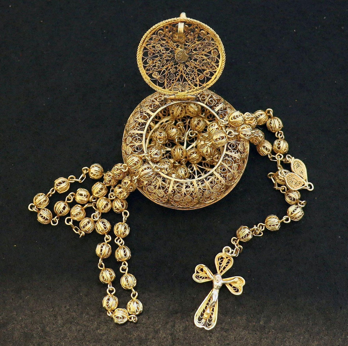Vintage Rare Catholic Rosary and Box Set in Filigree Vermeil - Sterling Silver 24K. Gold Plated