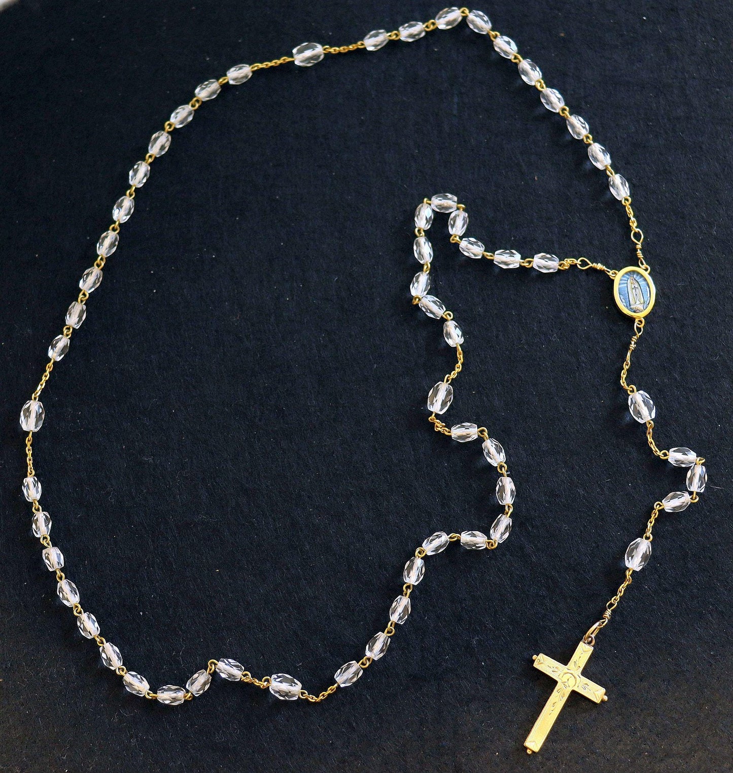 1920's Bohemian Rock Cystal & All 18K Solid Gold Catholic Rosary Our Lady of Fatima, Reliquary Cross - Extreme Rarity