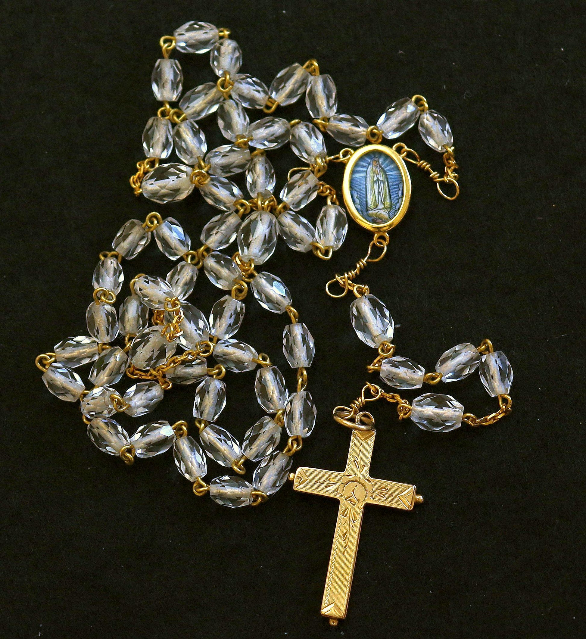 1920's Bohemian Rock Cystal & All 18K Solid Gold Catholic Rosary Our Lady of Fatima, Reliquary Cross - Extreme Rarity