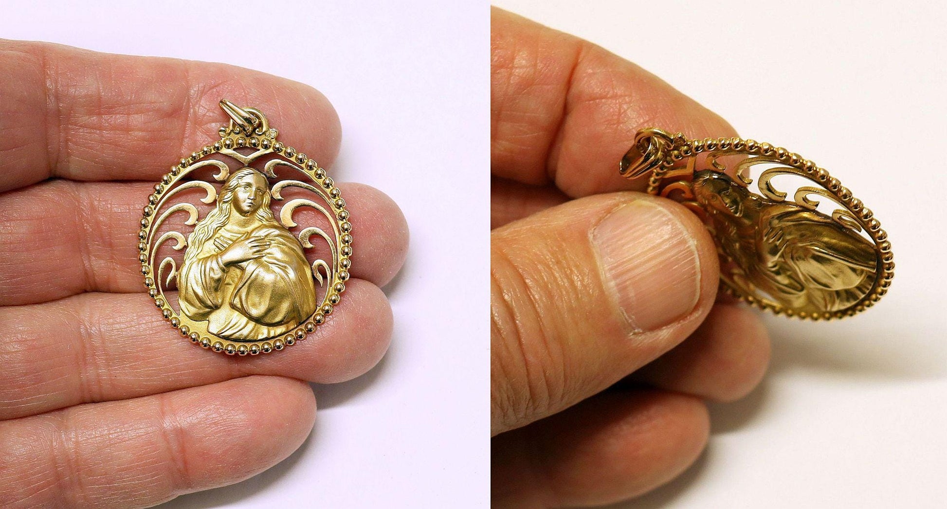 18K Solid Gold Virgin Mary Medal, Open Work, High Relief Mater Dolorosa - 1950's - Unique