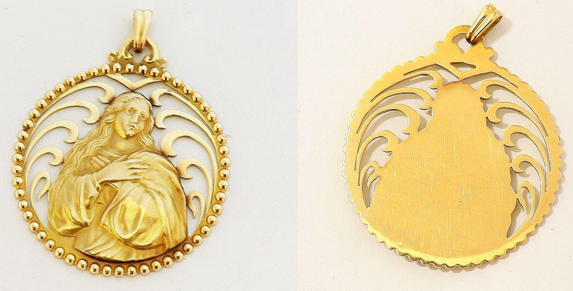 18K Solid Gold Virgin Mary Medal, Open Work, High Relief Mater Dolorosa - 1950's - Unique