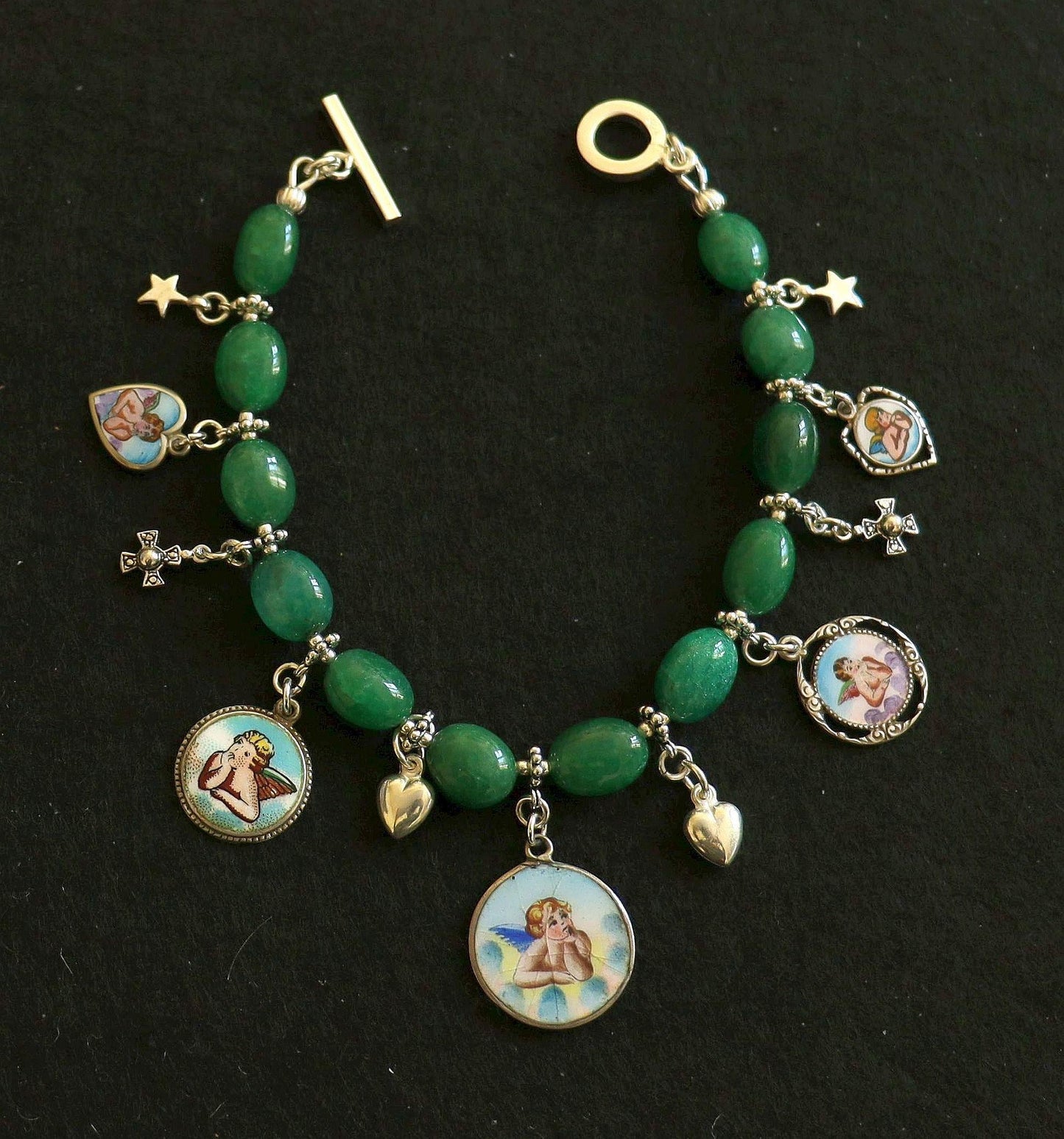 Emerald & Sterling Silver Bracelet, Vintage Enameled Raphael's Cherub Angel Medals, Unique Religious Bracelet, Perfect Gift for her