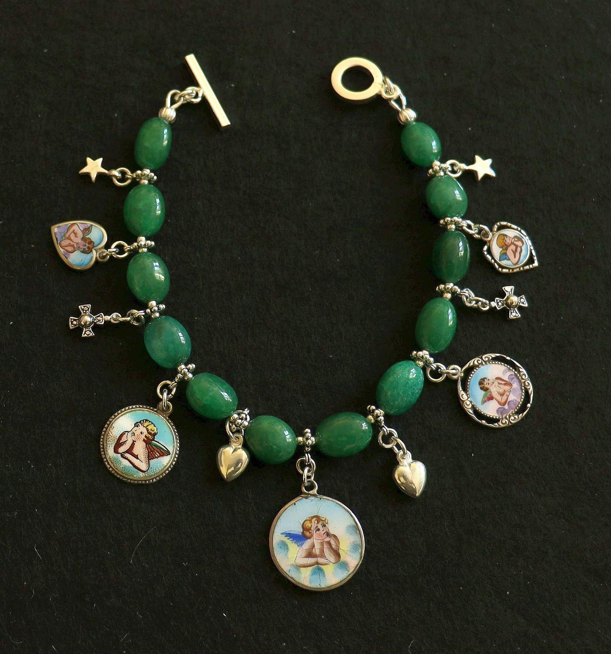 Emerald & Sterling Silver Bracelet, Vintage Enameled Raphael's Cherub Angel Medals, Unique Religious Bracelet, Perfect Gift for her