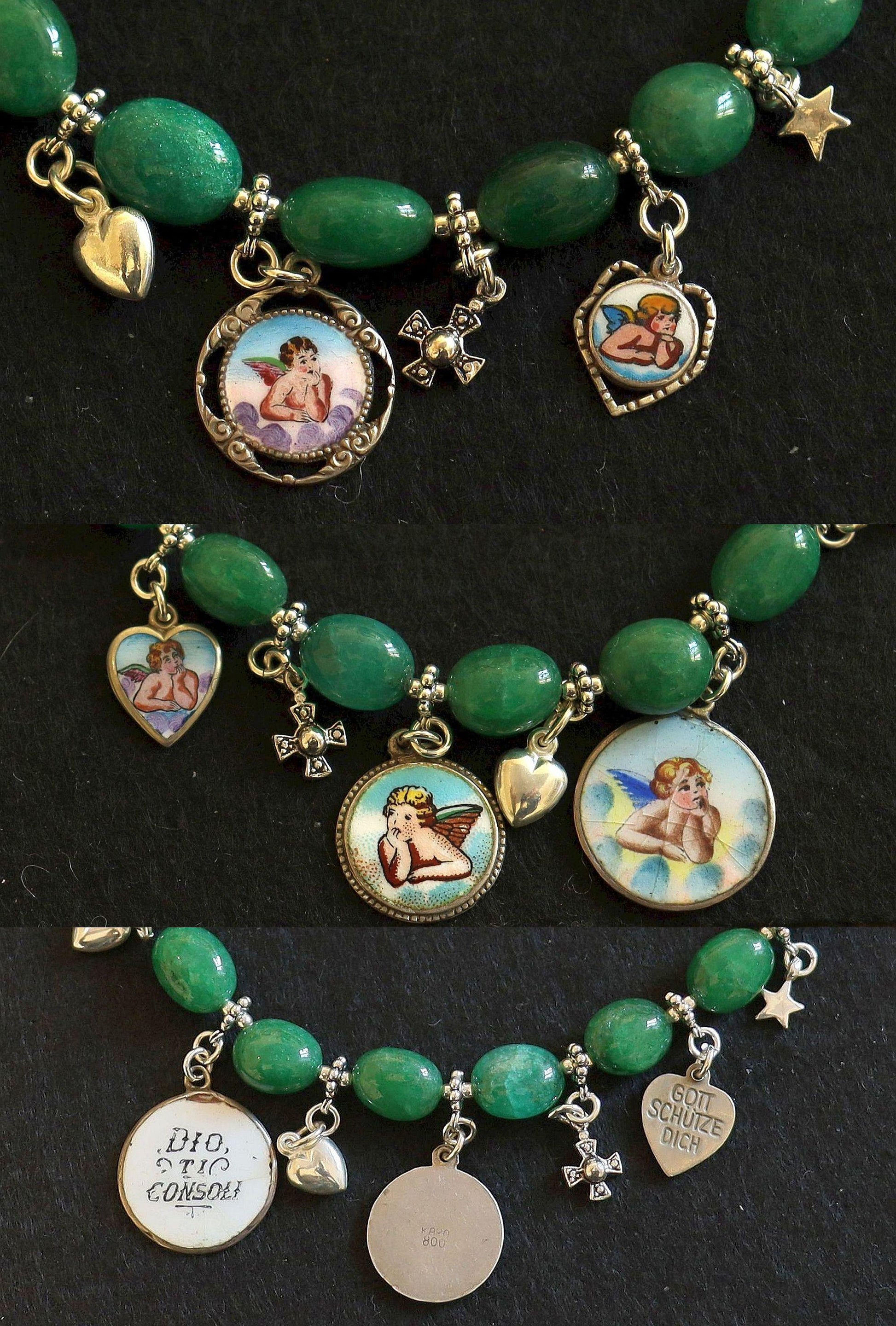 Emerald & Sterling Silver Bracelet, Vintage Enameled Raphael's Cherub Angel Medals, Unique Religious Bracelet, Perfect Gift for her