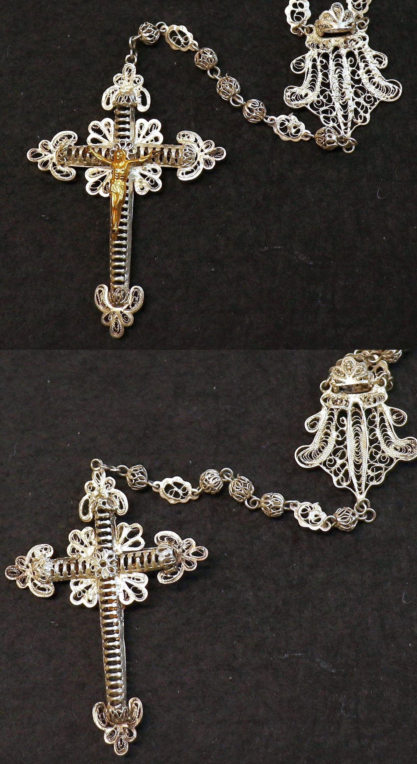 1920's. Sterling Silver and Vermeil Filigree Spanish Catholic Rosary - Collector's