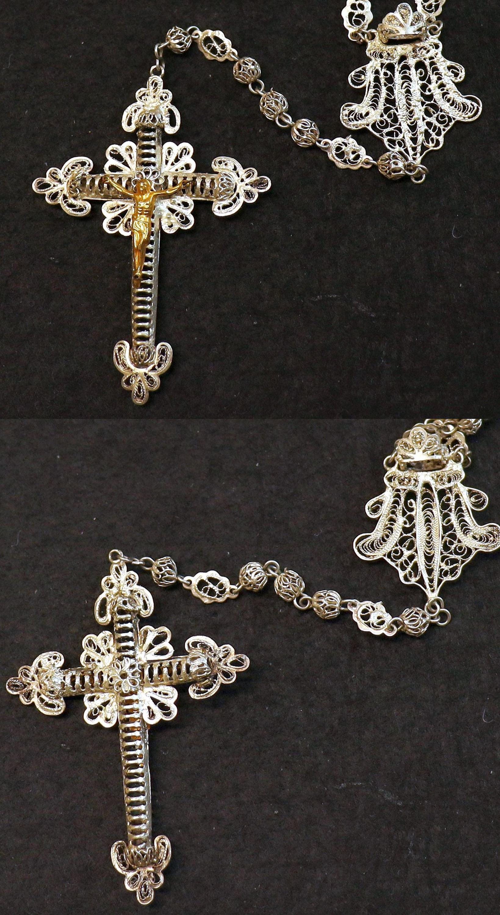 1920's. Sterling Silver and Vermeil Filigree Spanish Catholic Rosary - Collector's