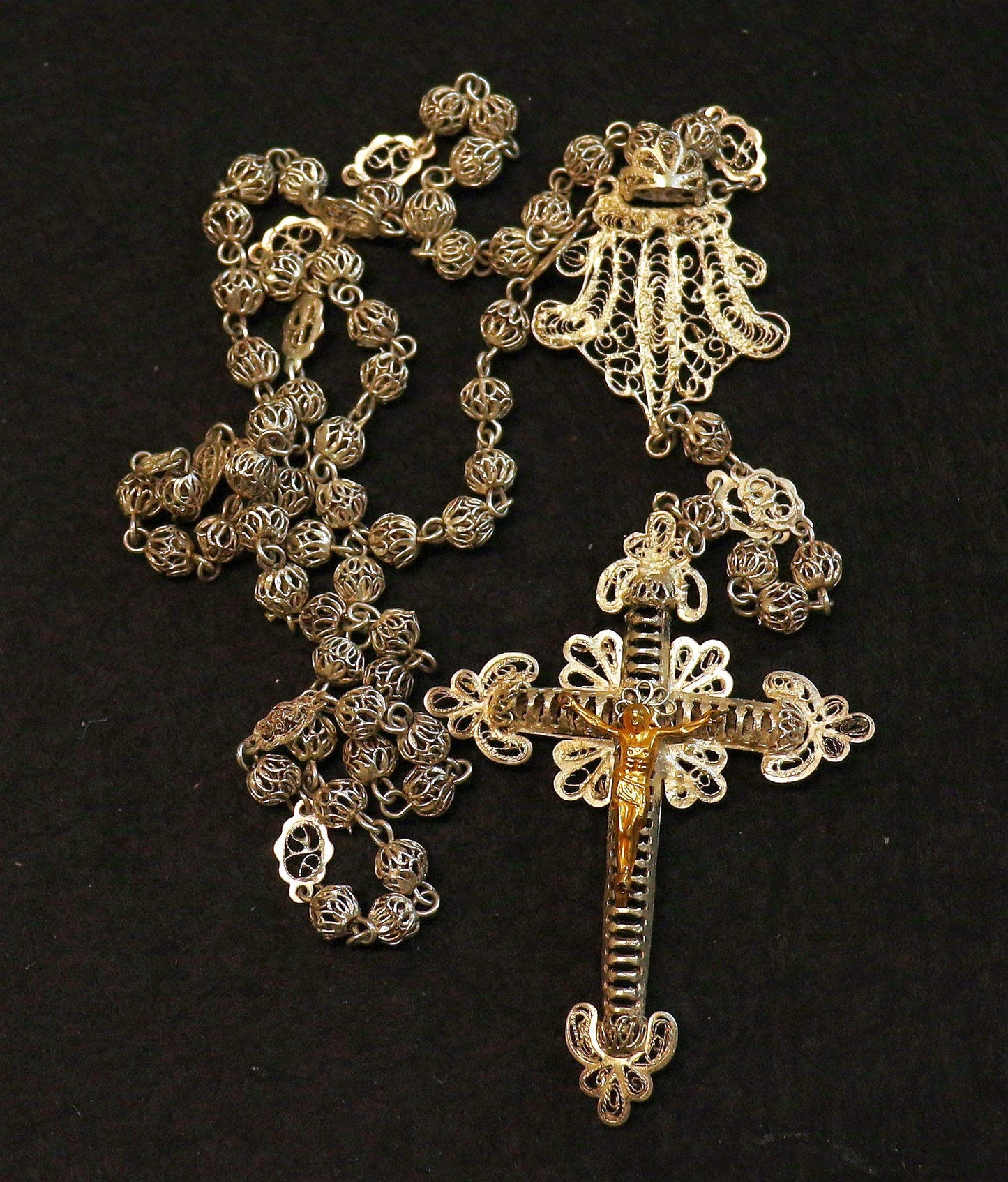 1920's. Sterling Silver and Vermeil Filigree Spanish Catholic Rosary - Collector's
