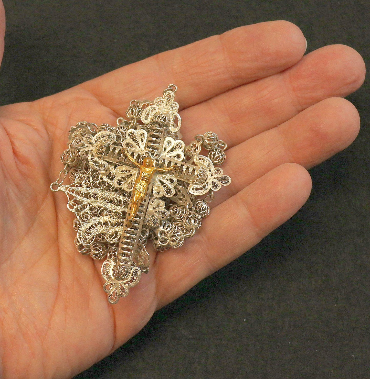 1920's. Sterling Silver and Vermeil Filigree Spanish Catholic Rosary - Collector's