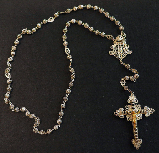 1920's. Sterling Silver and Vermeil Filigree Spanish Catholic Rosary - Collector's