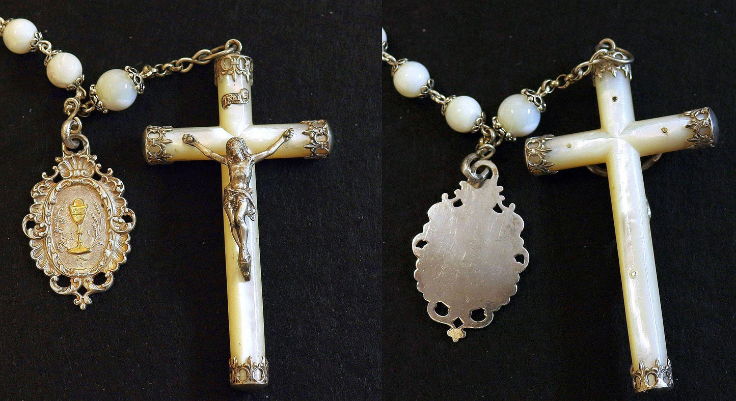 Antique MOP & Sterling Silver Highly Exceptional Catholic Rosary w Many Rare Antique Medals