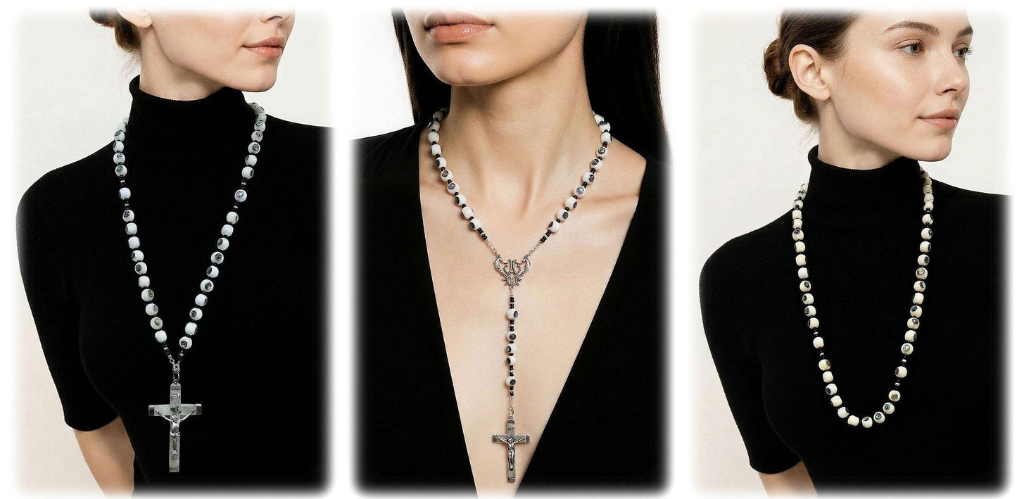 Handmade Inlaid Troca Shell Rosary Necklace - Sterling Sterling MOP Vintage Cross -3 Way Wearable
