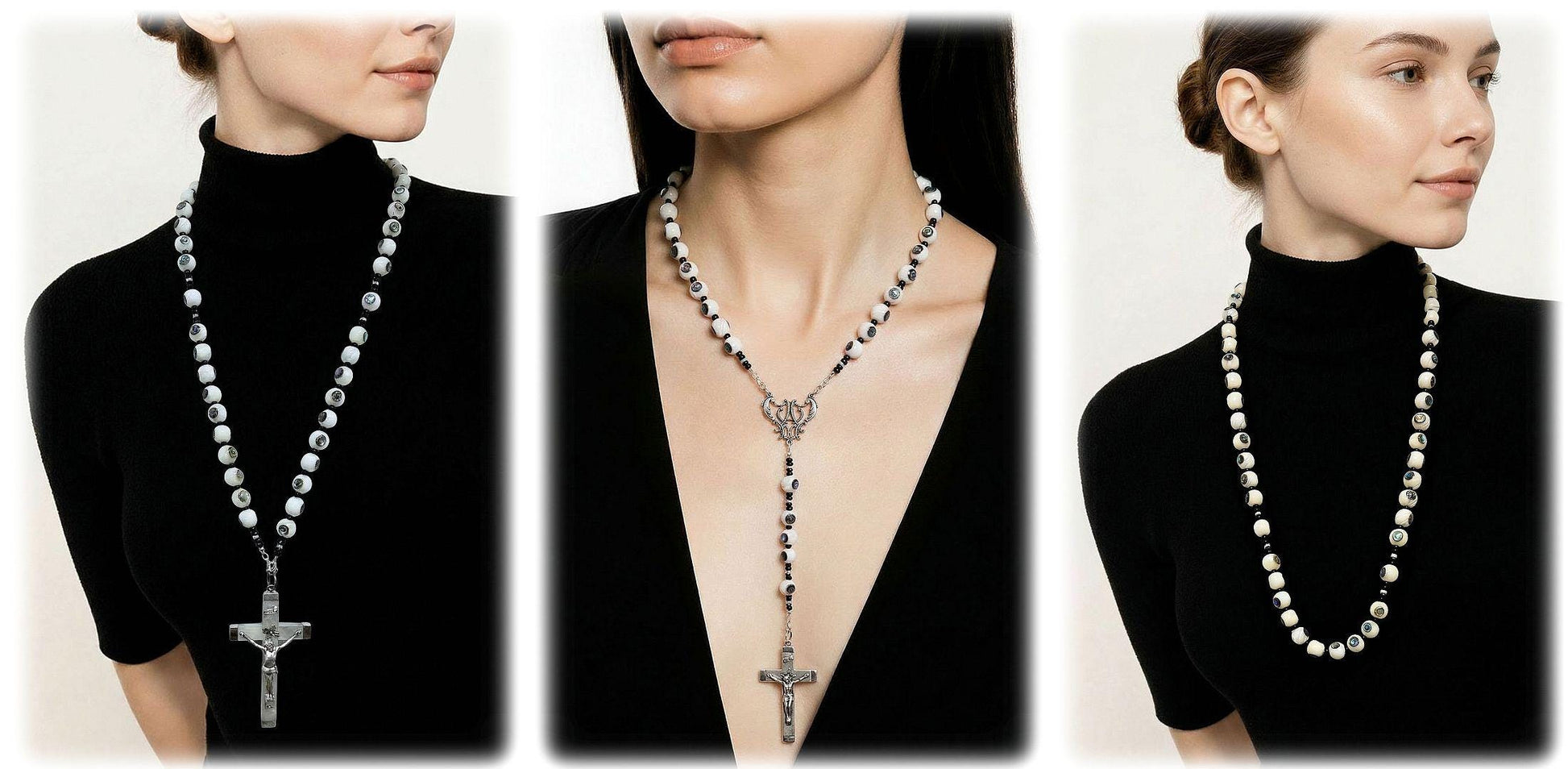 Handmade Inlaid Troca Shell Rosary Necklace - Sterling Sterling MOP Vintage Cross -3 Way Wearable