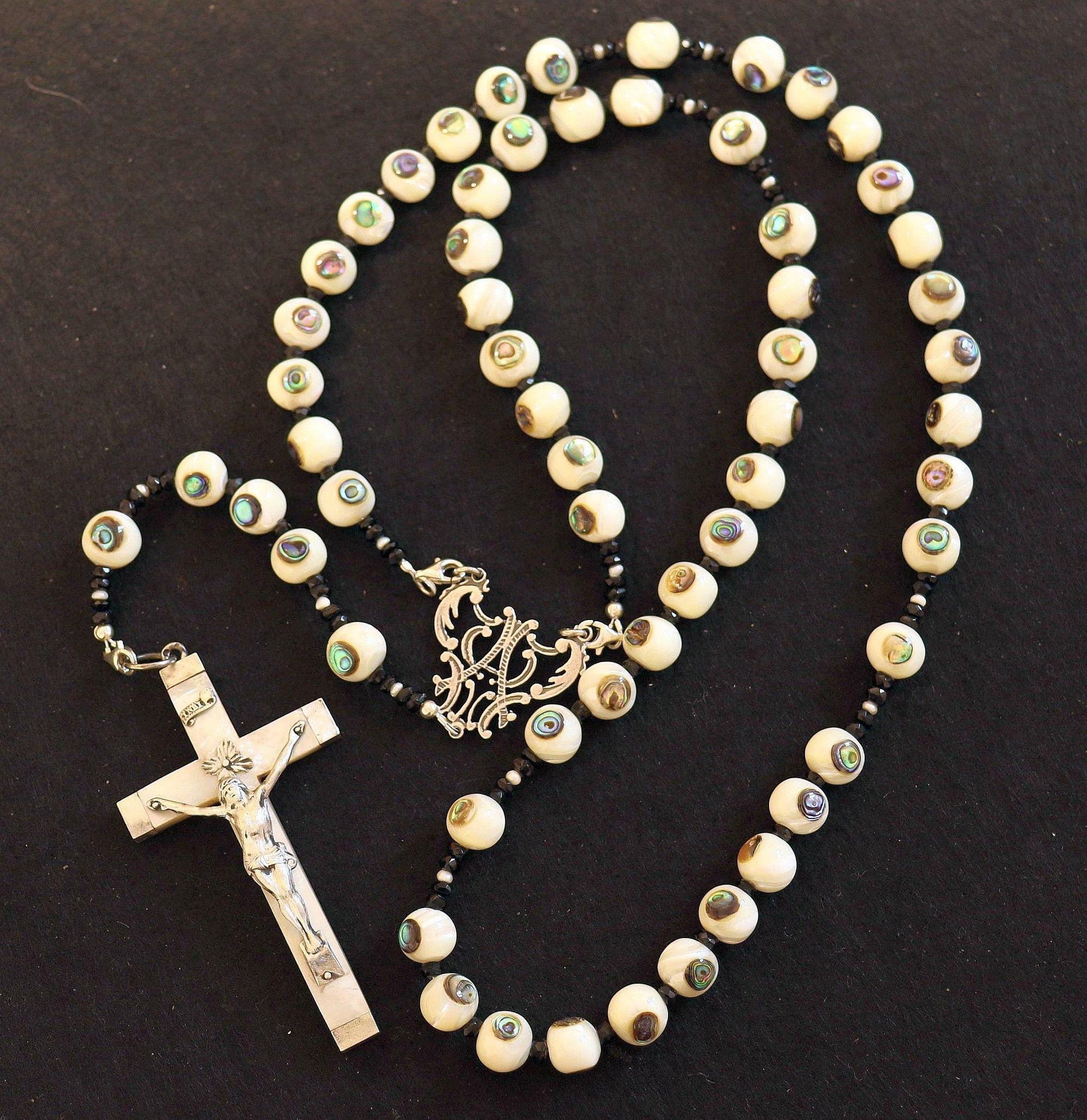 Handmade Inlaid Troca Shell Rosary Necklace - Sterling Sterling MOP Vintage Cross -3 Way Wearable