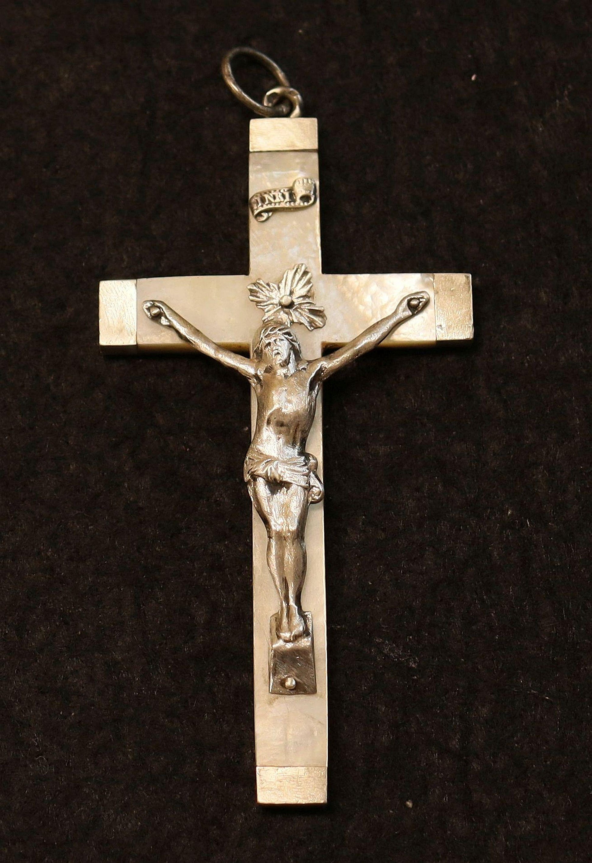 Handmade Inlaid Troca Shell Rosary Necklace - Sterling Sterling MOP Vintage Cross -3 Way Wearable