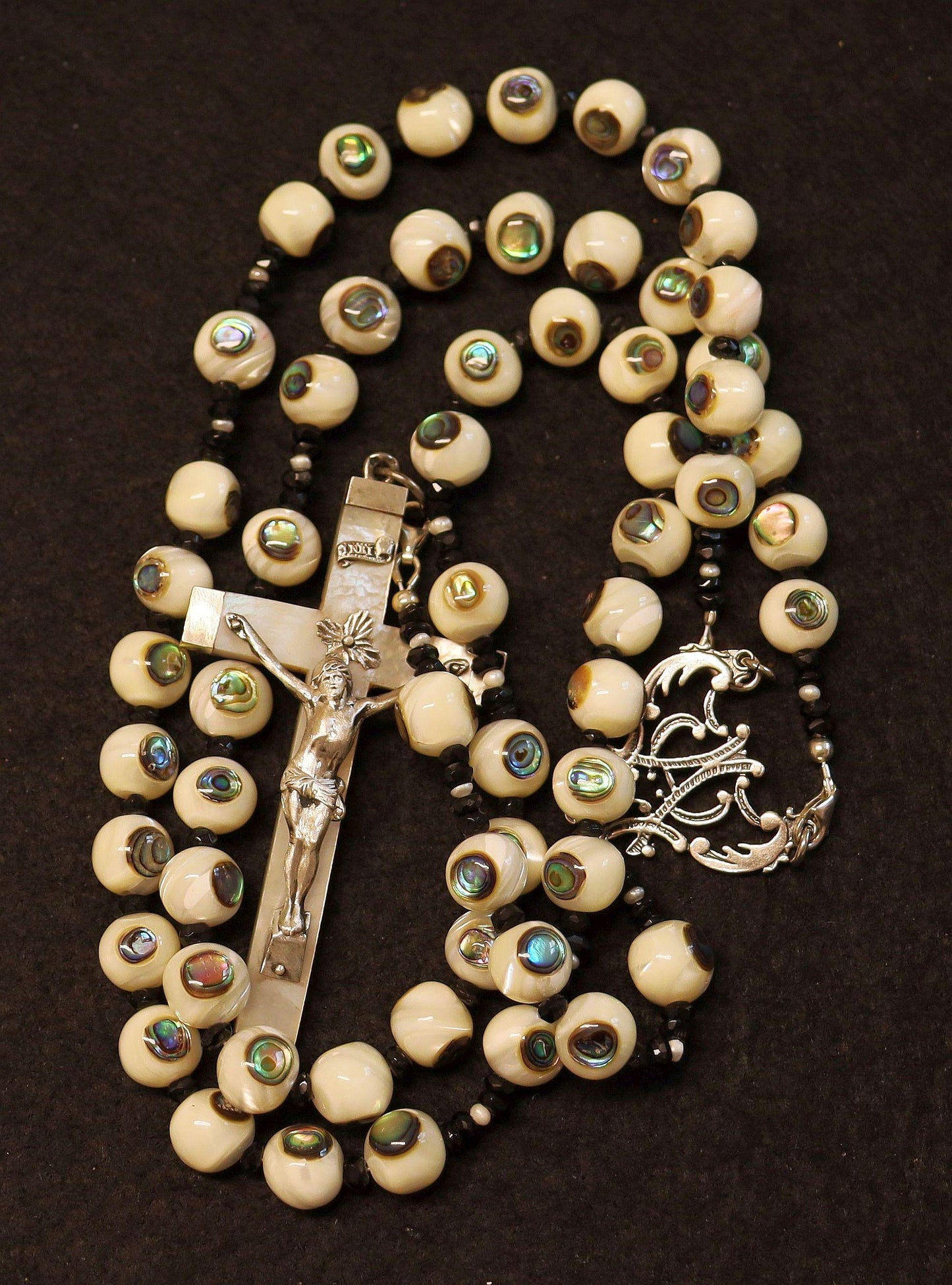 Handmade Inlaid Troca Shell Rosary Necklace - Sterling Sterling MOP Vintage Cross -3 Way Wearable