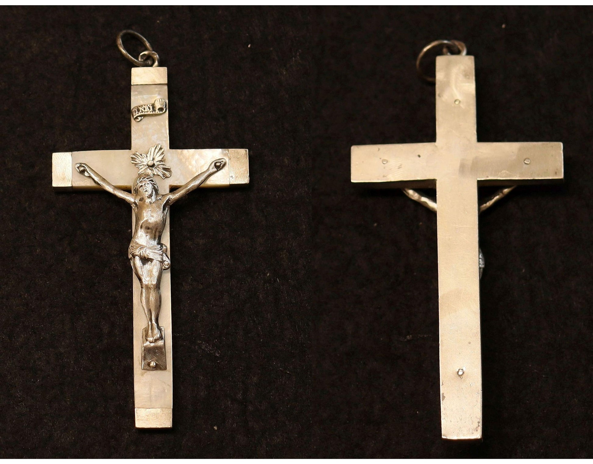 Handmade Inlaid Troca Shell Rosary Necklace - Sterling Sterling MOP Vintage Cross -3 Way Wearable