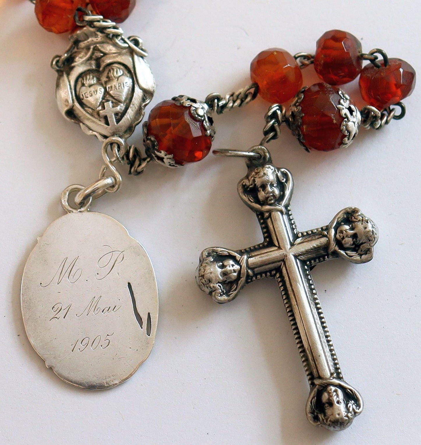 Vintage Catholic Rosary Faceted Gold Baltic Amber & Sterling w Open Work Silver and Gold 1st Communion Medal DD 1905 Extreme Rarity
