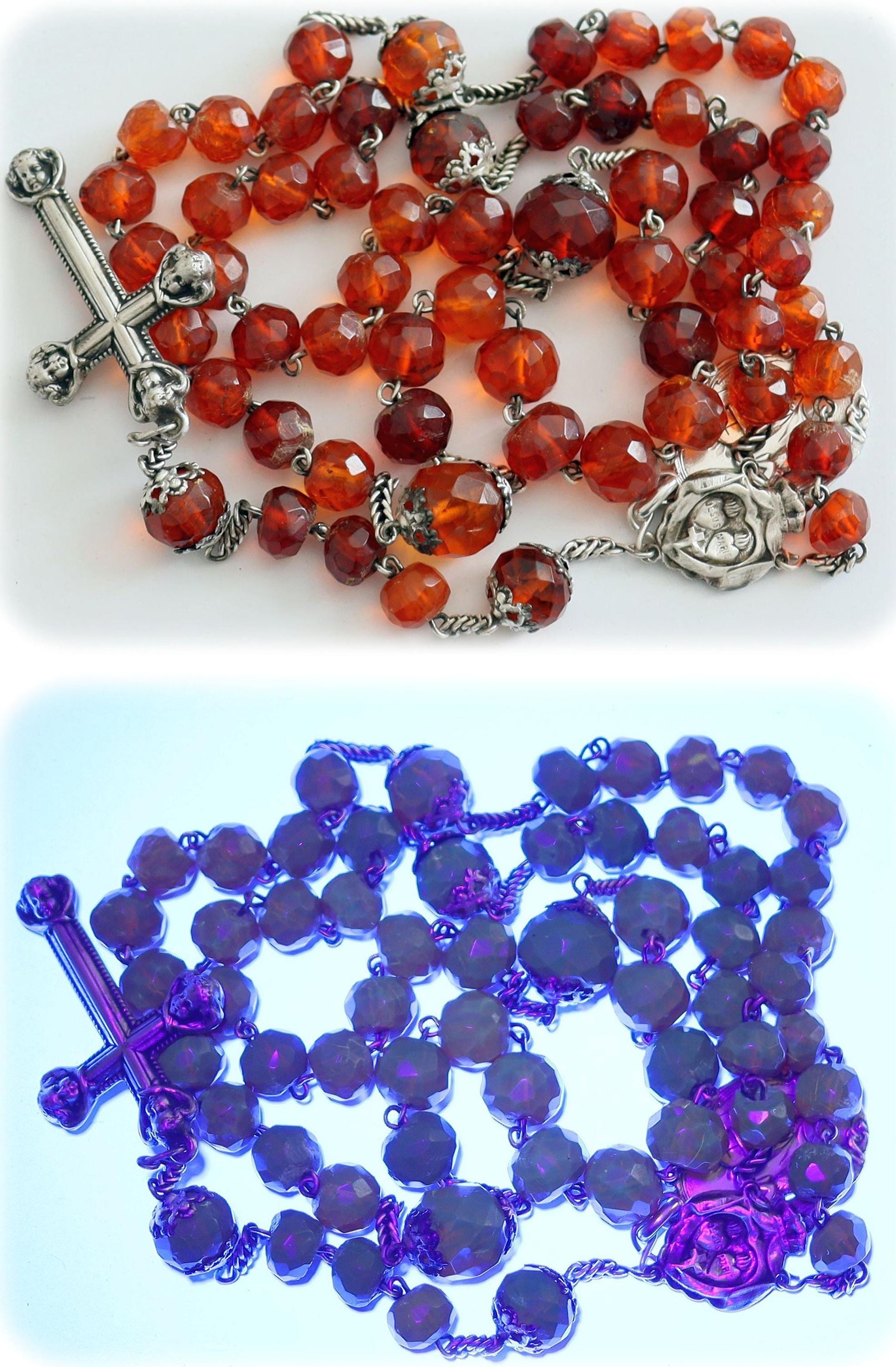 Vintage Catholic Rosary Faceted Gold Baltic Amber & Sterling w Open Work Silver and Gold 1st Communion Medal DD 1905 Extreme Rarity