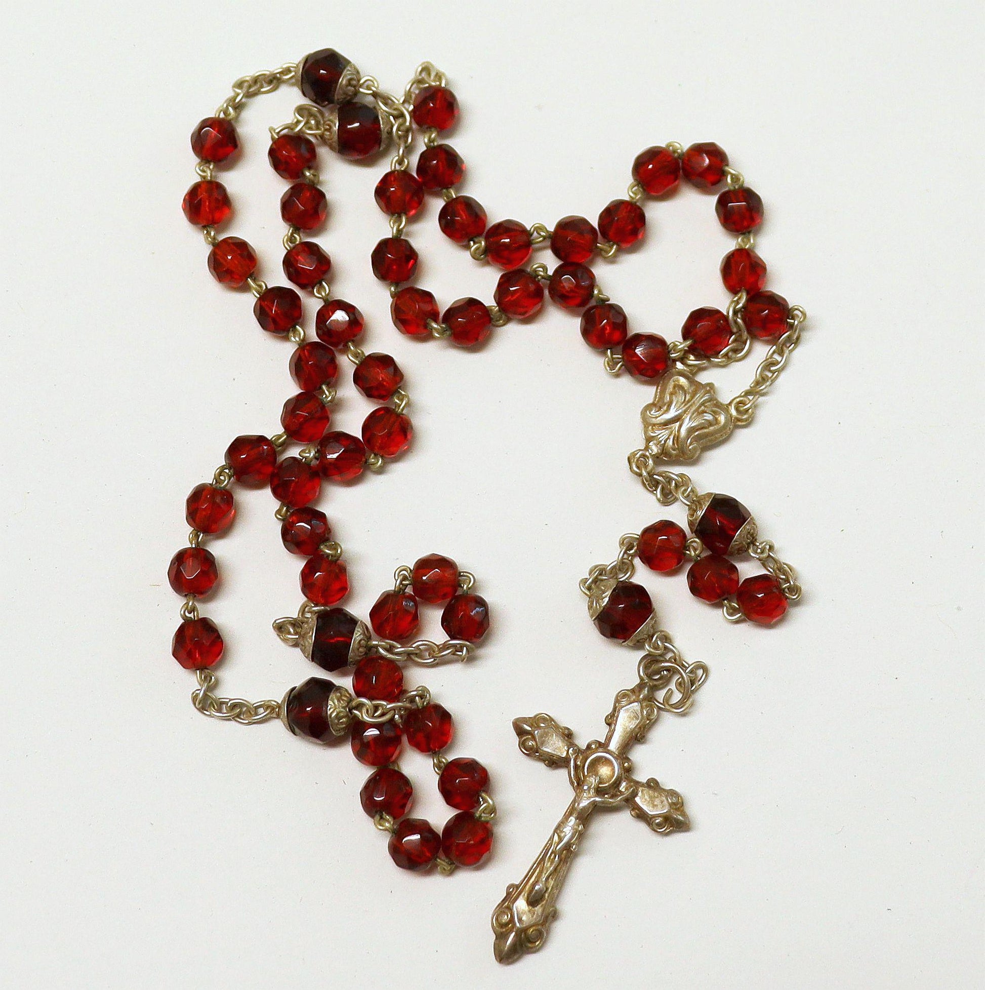 Vintage Garnet and Sterling Catholic Rosary in Tiger Cowry Shell box – Rare and Charming - 1920's