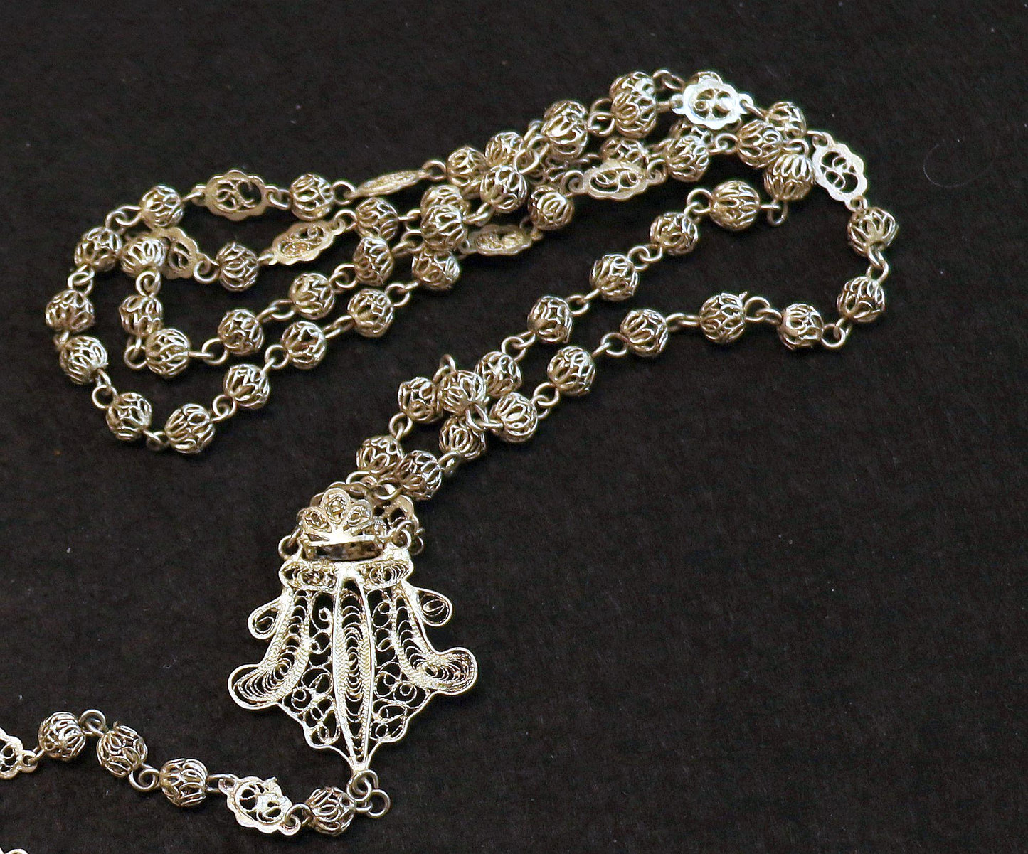1920's. Sterling Silver and Vermeil Filigree Spanish Catholic Rosary - Collector's