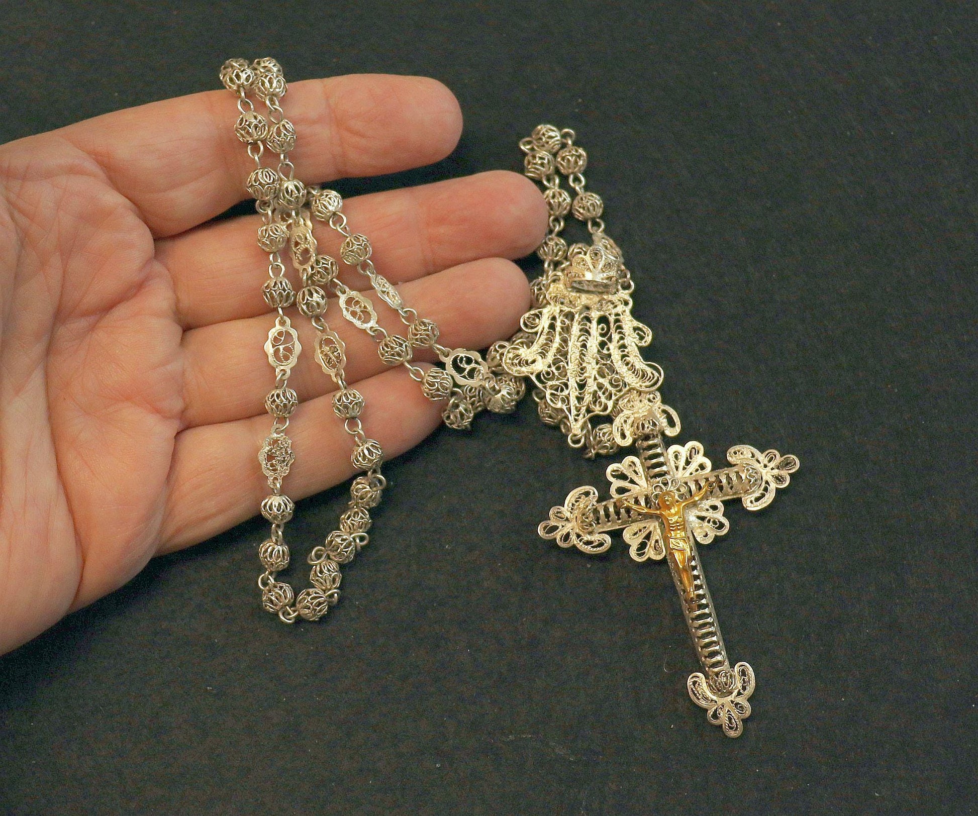 1920's. Sterling Silver and Vermeil Filigree Spanish Catholic Rosary - Collector's