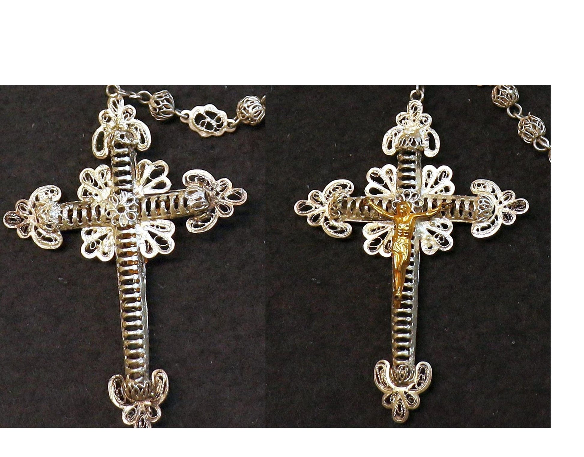 1920's. Sterling Silver and Vermeil Filigree Spanish Catholic Rosary - Collector's