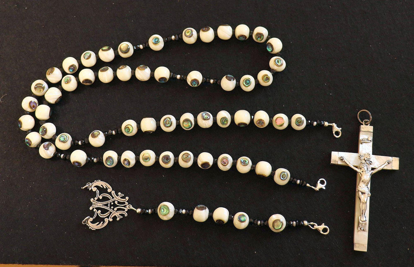 Handmade Inlaid Troca Shell Rosary Necklace - Sterling Sterling MOP Vintage Cross -3 Way Wearable