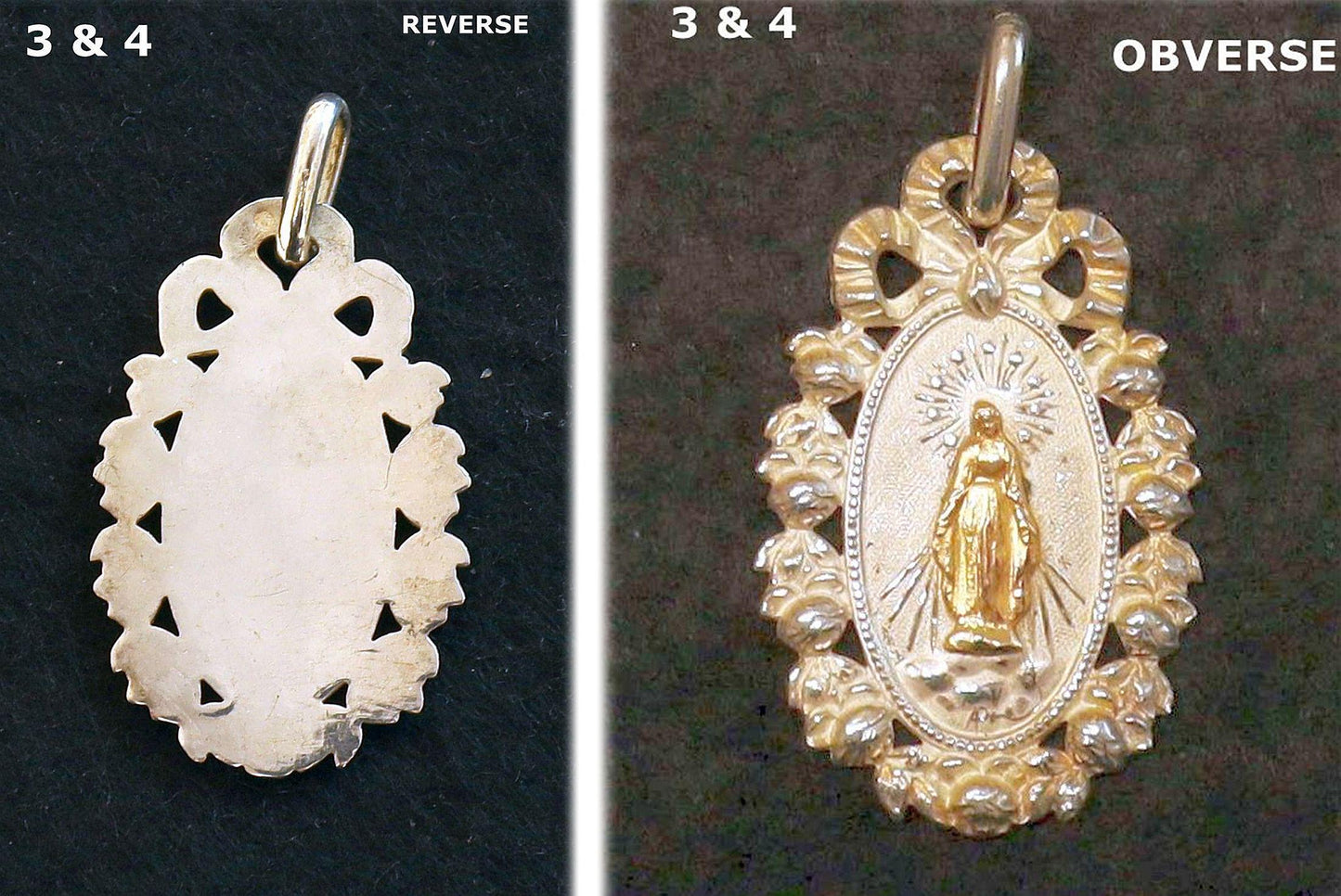 Gold and Silver Virgin Mary Antique NEVER USED Medals Art Nouveau, Fleur de Coin, Xtreme Rarity