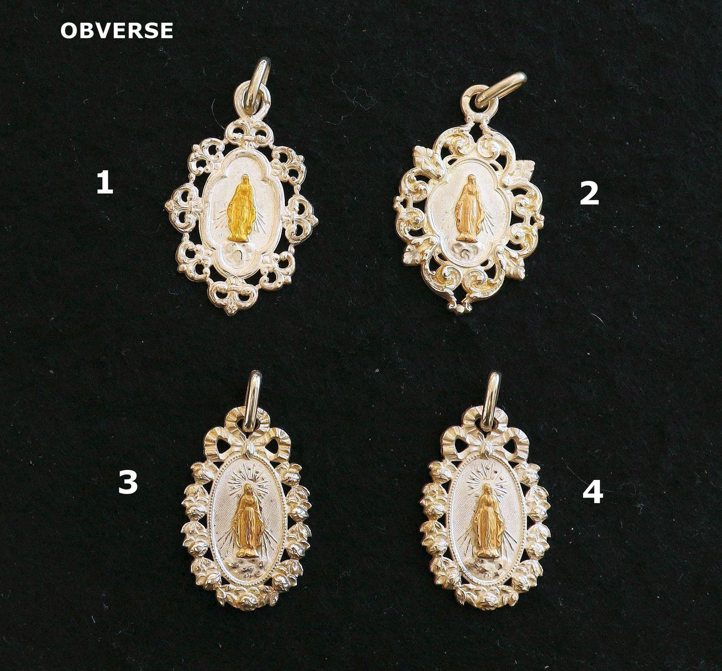 Gold and Silver Virgin Mary Antique NEVER USED Medals Art Nouveau, Fleur de Coin, Xtreme Rarity