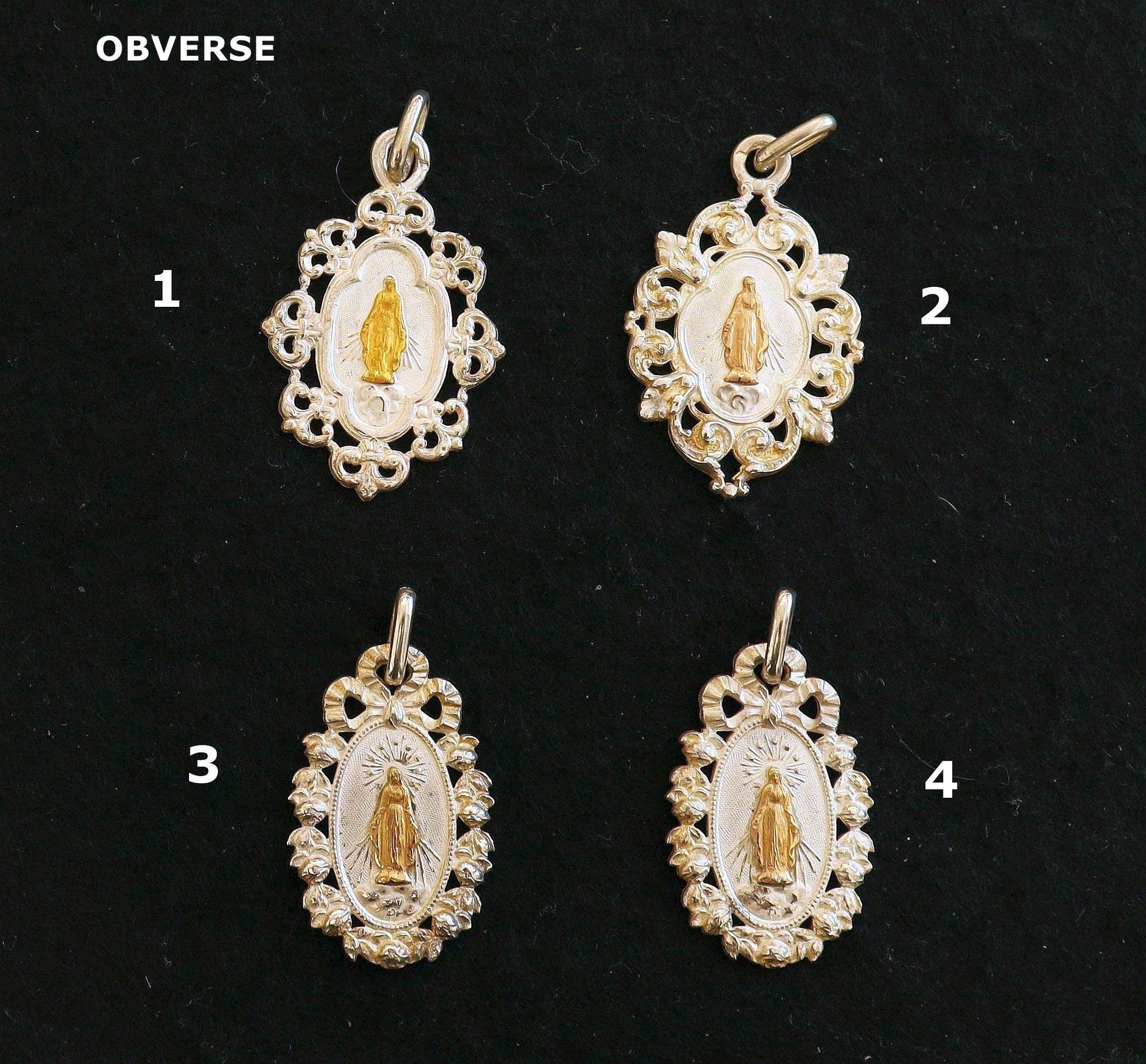 Gold and Silver Virgin Mary Antique NEVER USED Medals Art Nouveau, Fleur de Coin, Xtreme Rarity